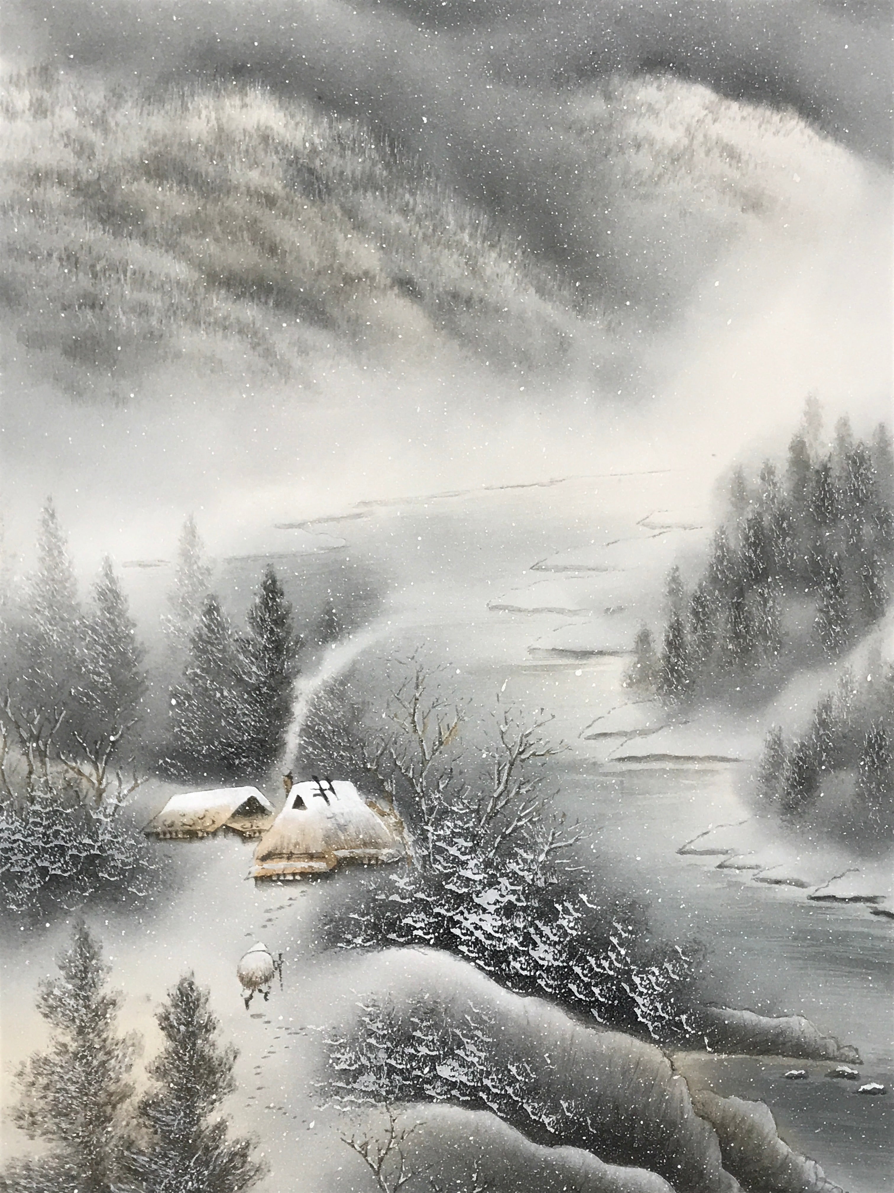 Japanese Boxed Hanging Scroll Vtg Kakejiku Winter Landscape Mountain Snow KJ148