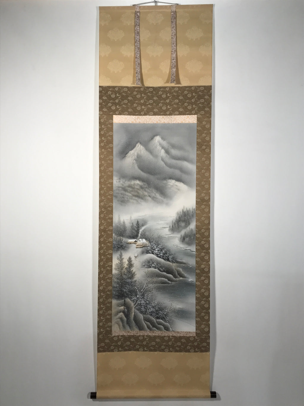 Japanese Boxed Hanging Scroll Vtg Kakejiku Winter Landscape Mountain Snow KJ148