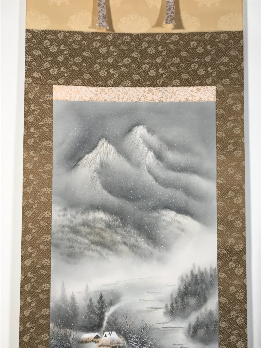 Japanese Boxed Hanging Scroll Vtg Kakejiku Winter Landscape Mountain Snow KJ148