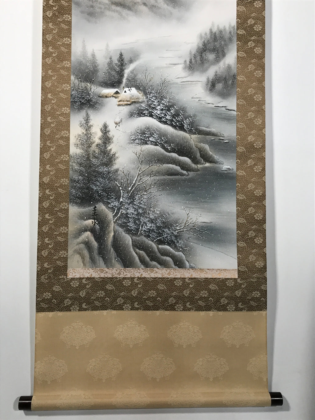 Japanese Boxed Hanging Scroll Vtg Kakejiku Winter Landscape Mountain Snow KJ148