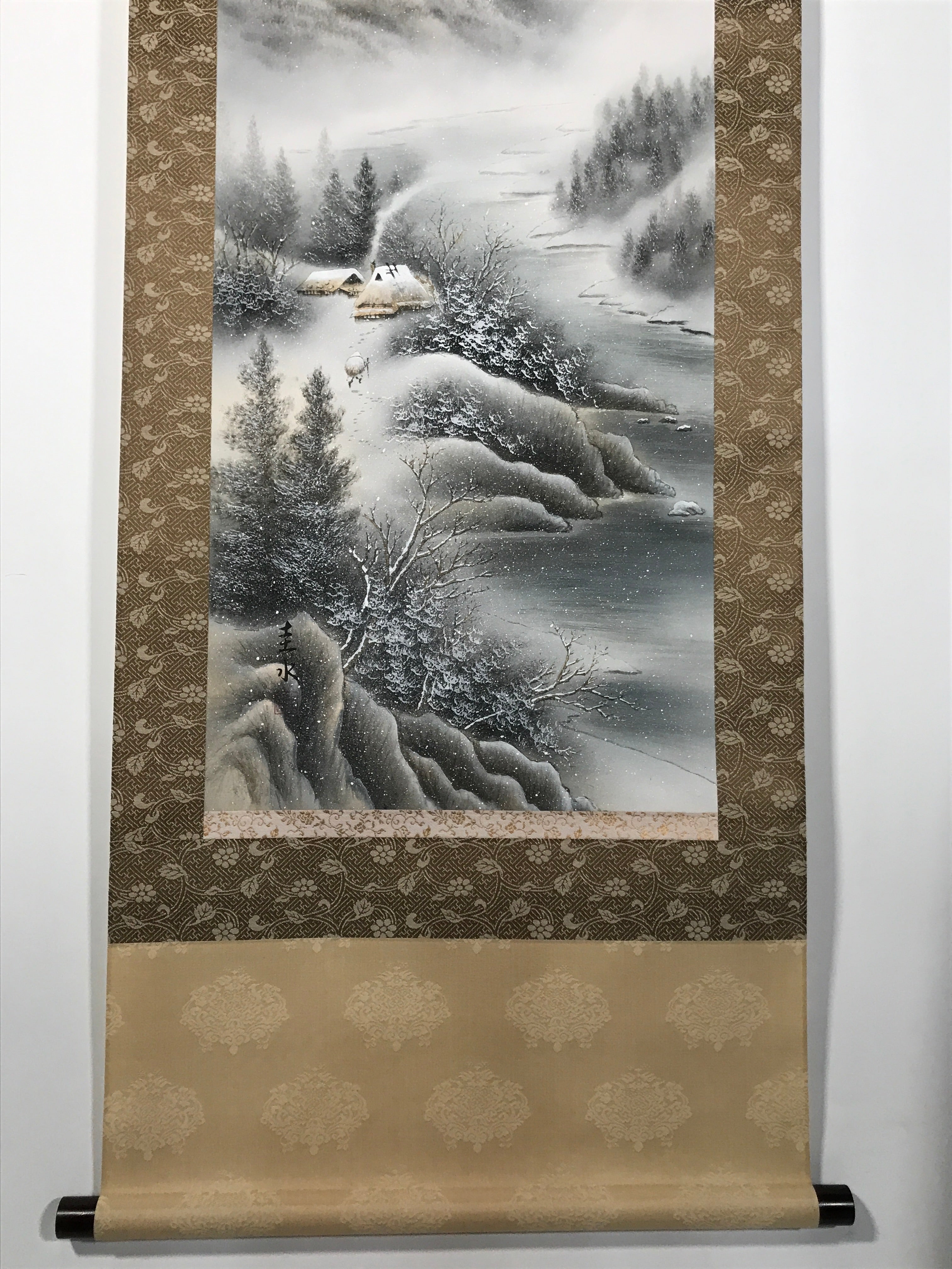 Japanese Boxed Hanging Scroll Vtg Kakejiku Winter Landscape Mountain Snow KJ148