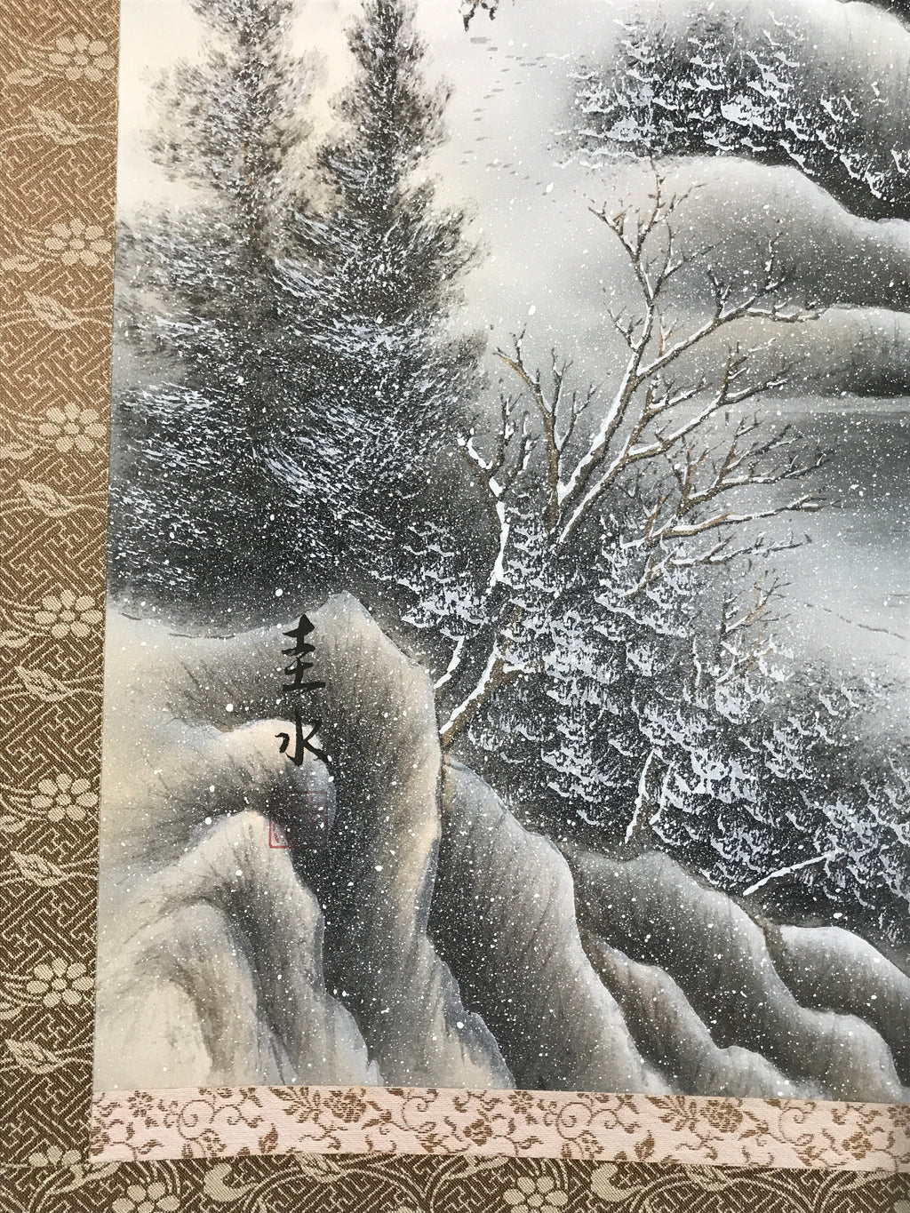 Japanese Boxed Hanging Scroll Vtg Kakejiku Winter Landscape Mountain Snow KJ148