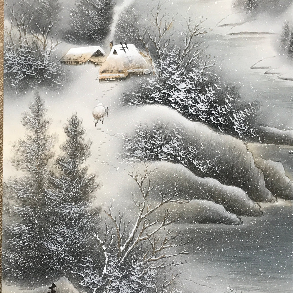 Japanese Boxed Hanging Scroll Vtg Kakejiku Winter Landscape