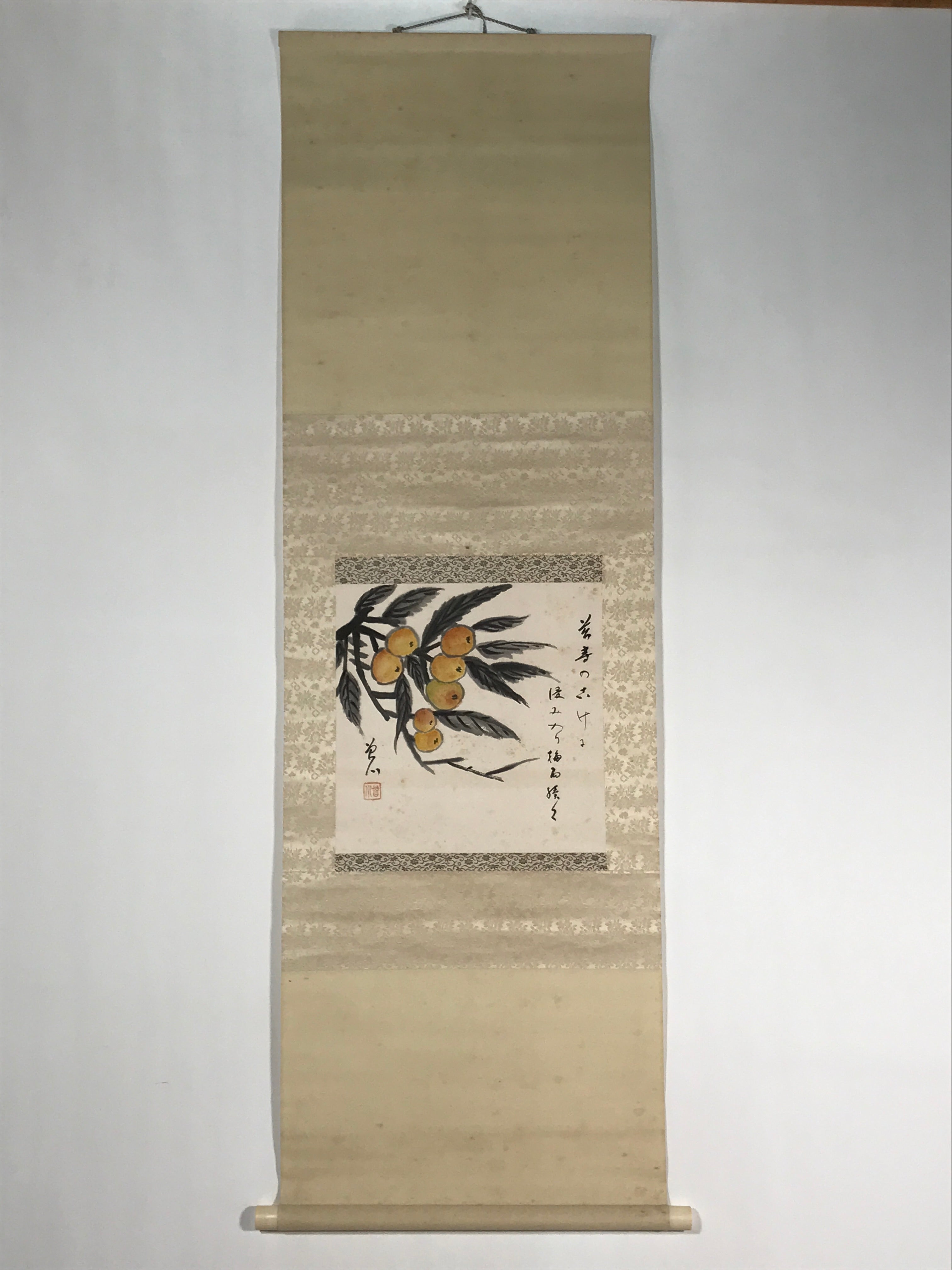 Japanese Boxed Hanging Scroll Vtg Loquat Biwa Poem Square Kakejiku KJ39