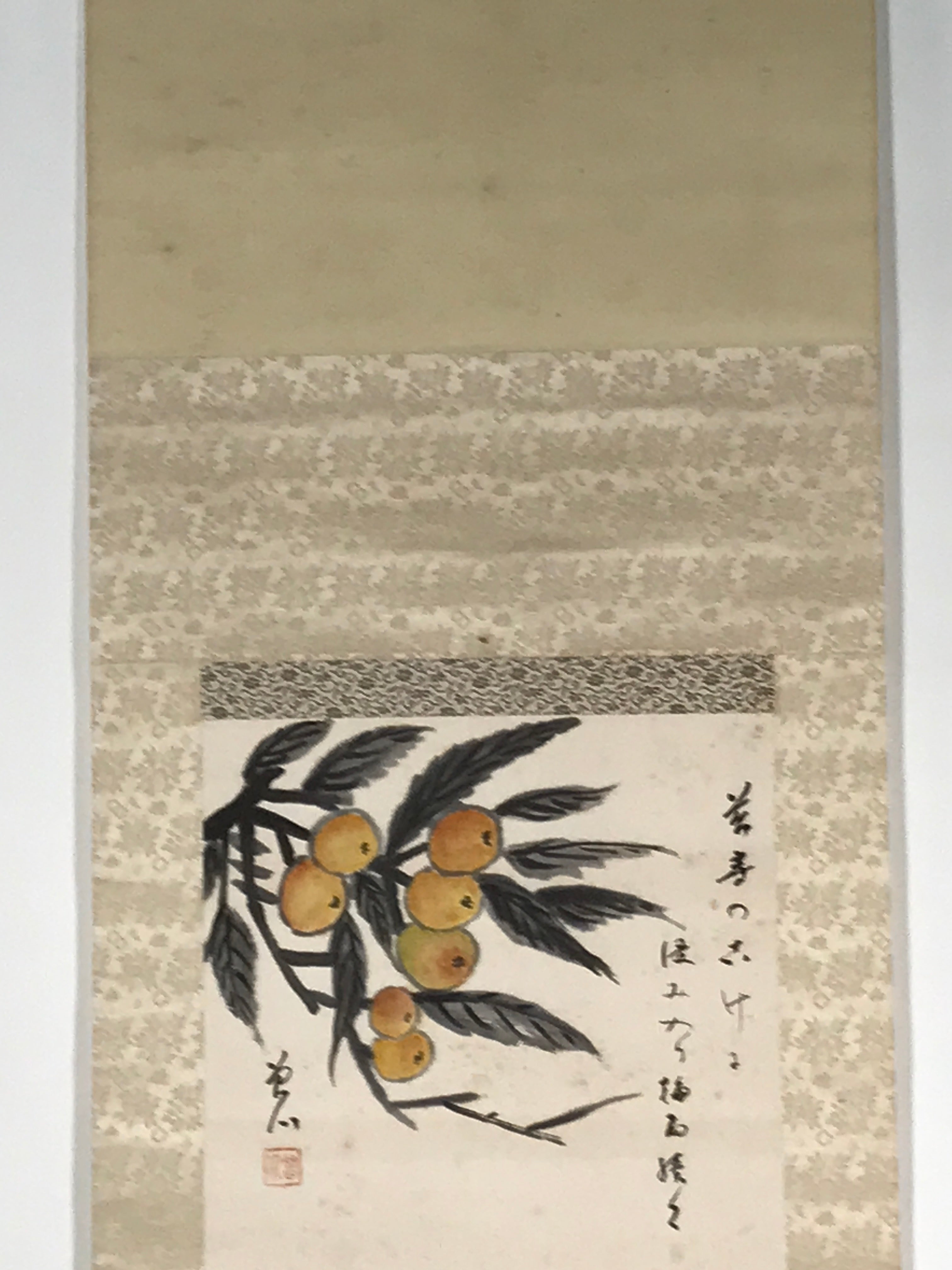Japanese Boxed Hanging Scroll Vtg Loquat Biwa Poem Square Kakejiku KJ39