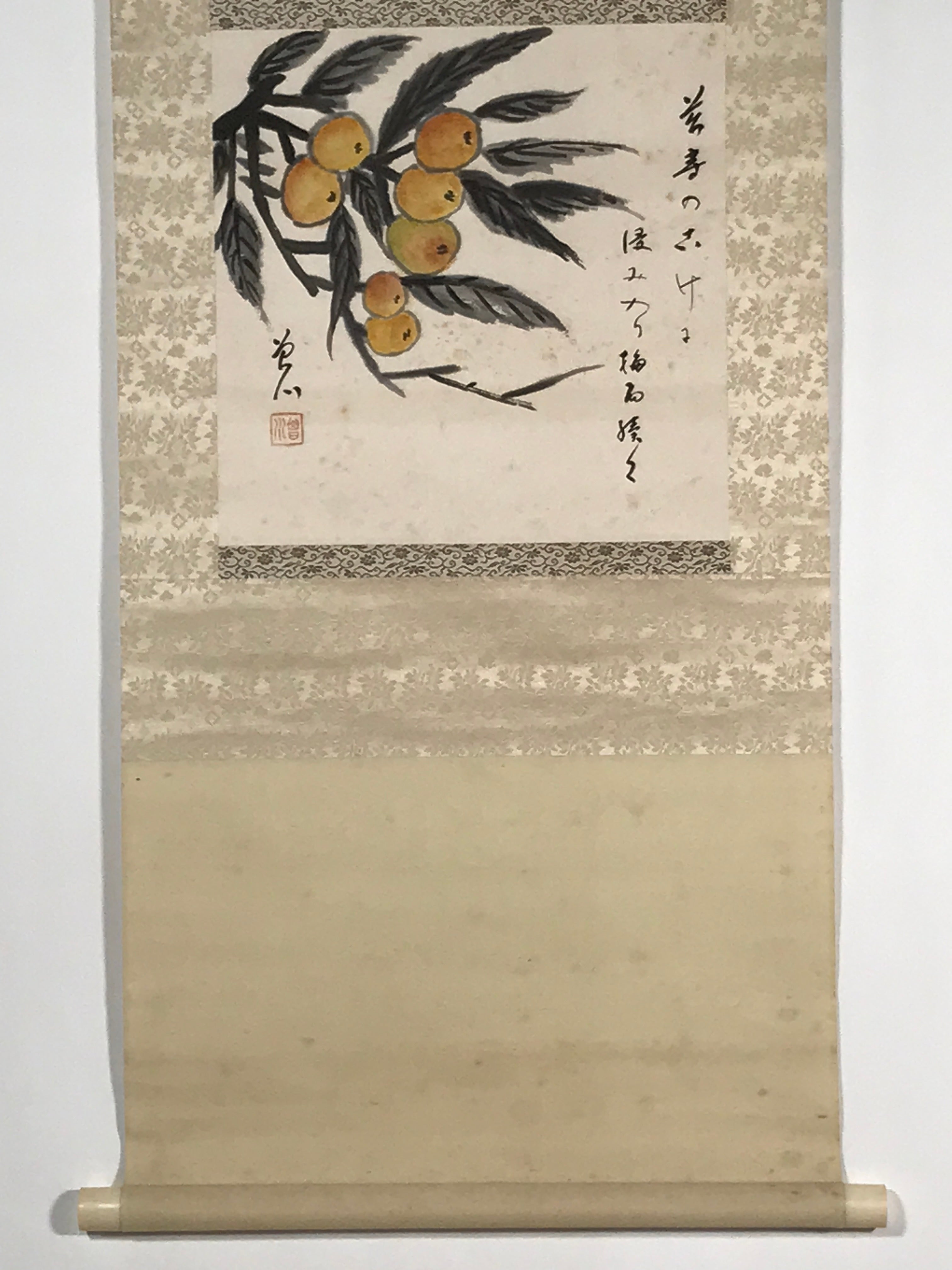 Japanese Boxed Hanging Scroll Vtg Loquat Biwa Poem Square Kakejiku KJ39