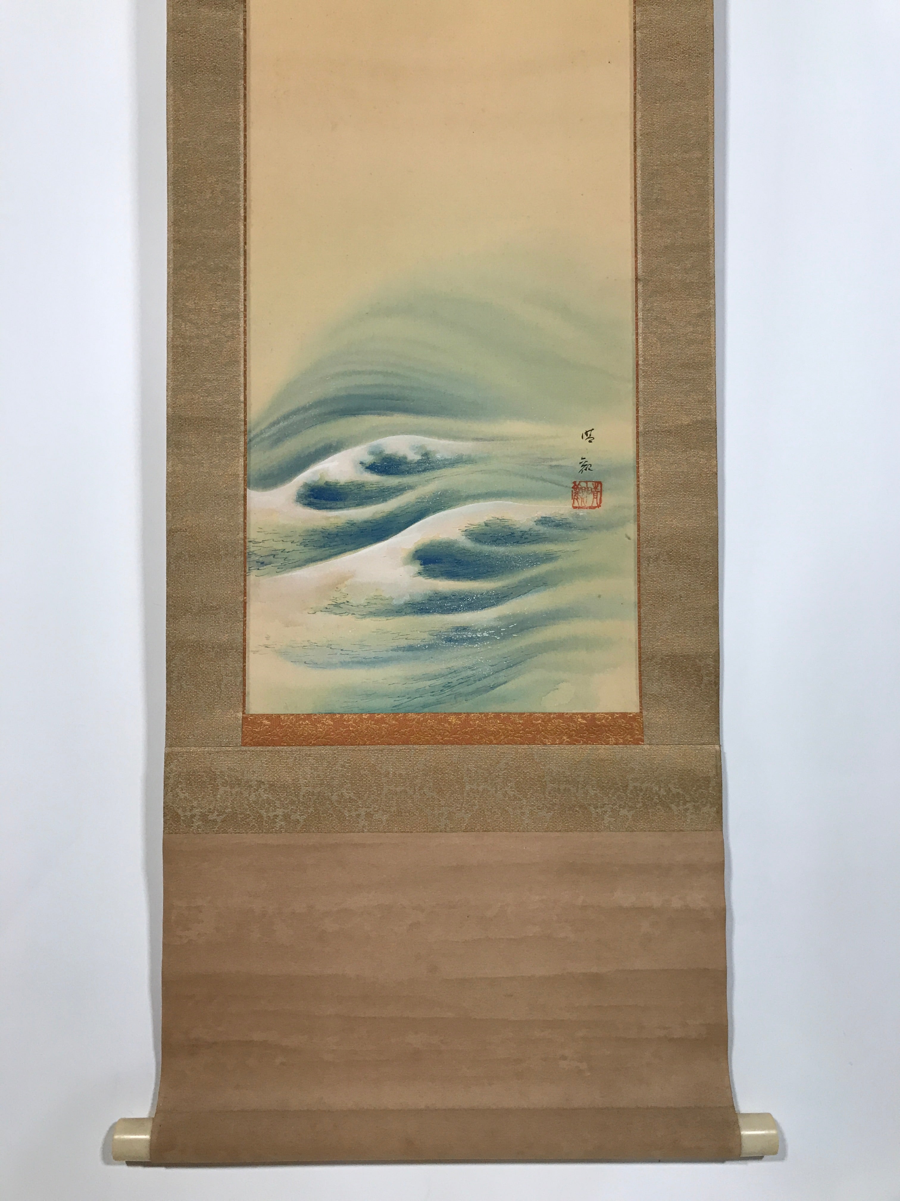 Japanese Boxed Hanging Scroll Vtg Morning Sun Calm Waves Kakejiku KJ31