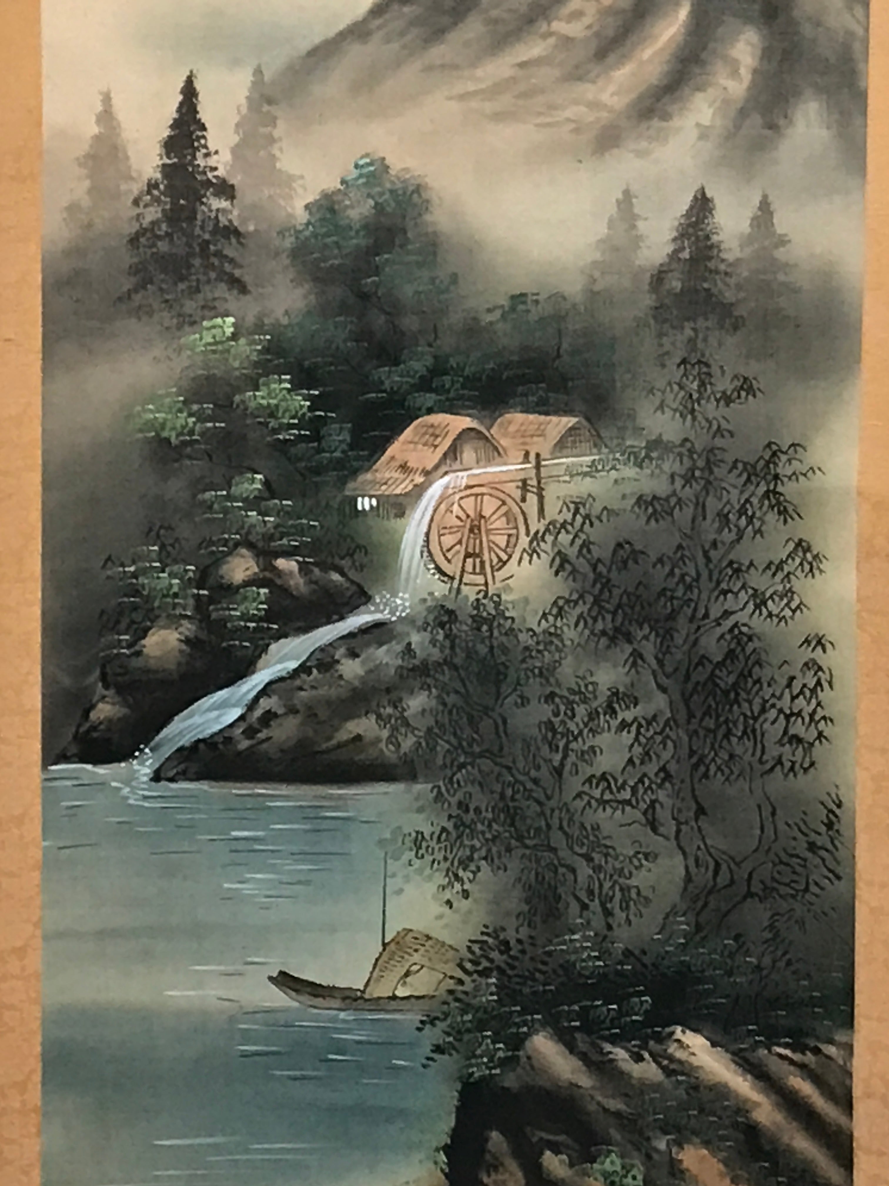 Japanese Boxed Hanging Scroll Vtg Mountains River Watermill Sansui SC952