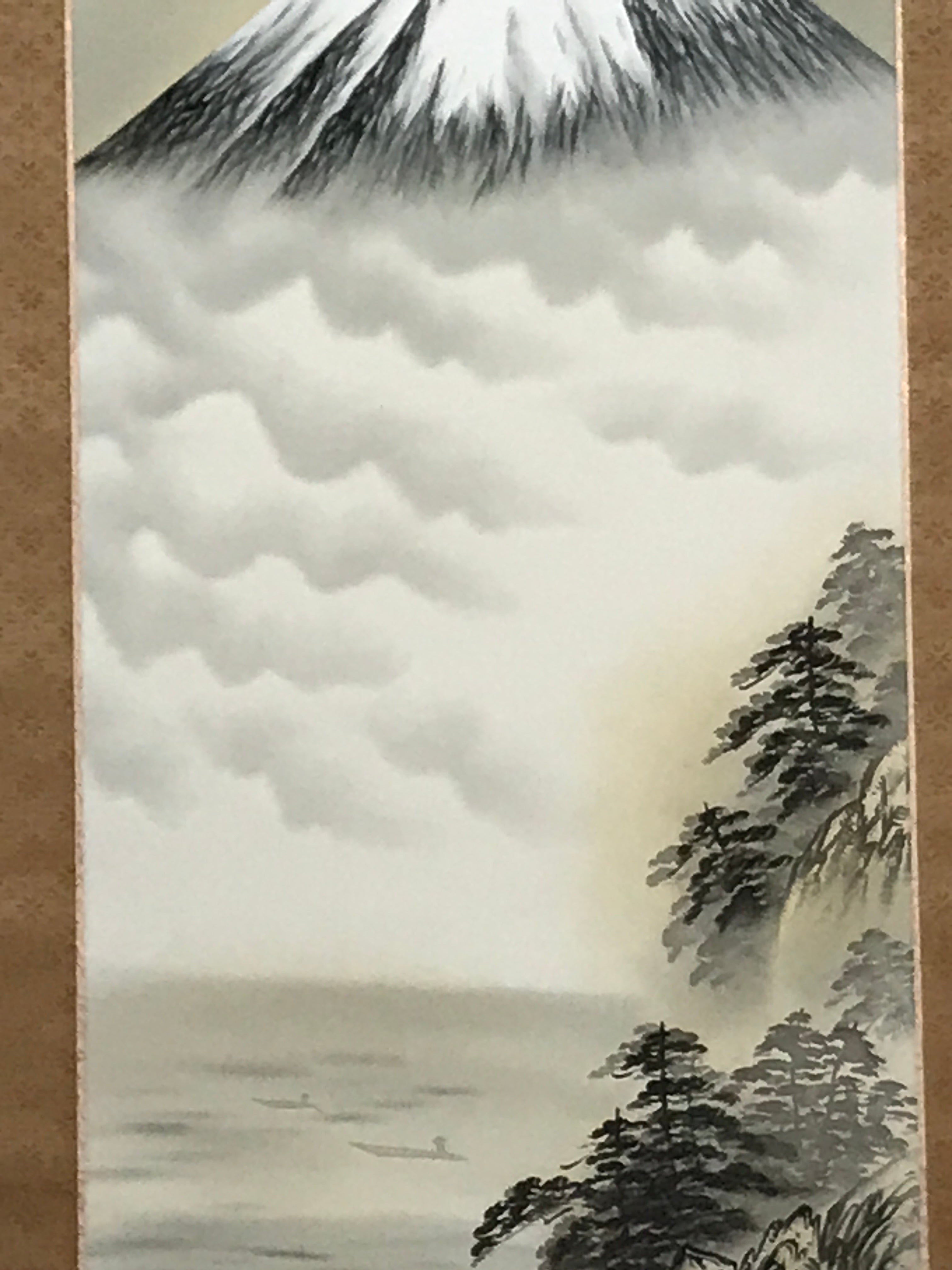 Japanese Boxed Hanging Scroll Vtg Mt Fuji Clouds Lake Color Kakejiku SC979