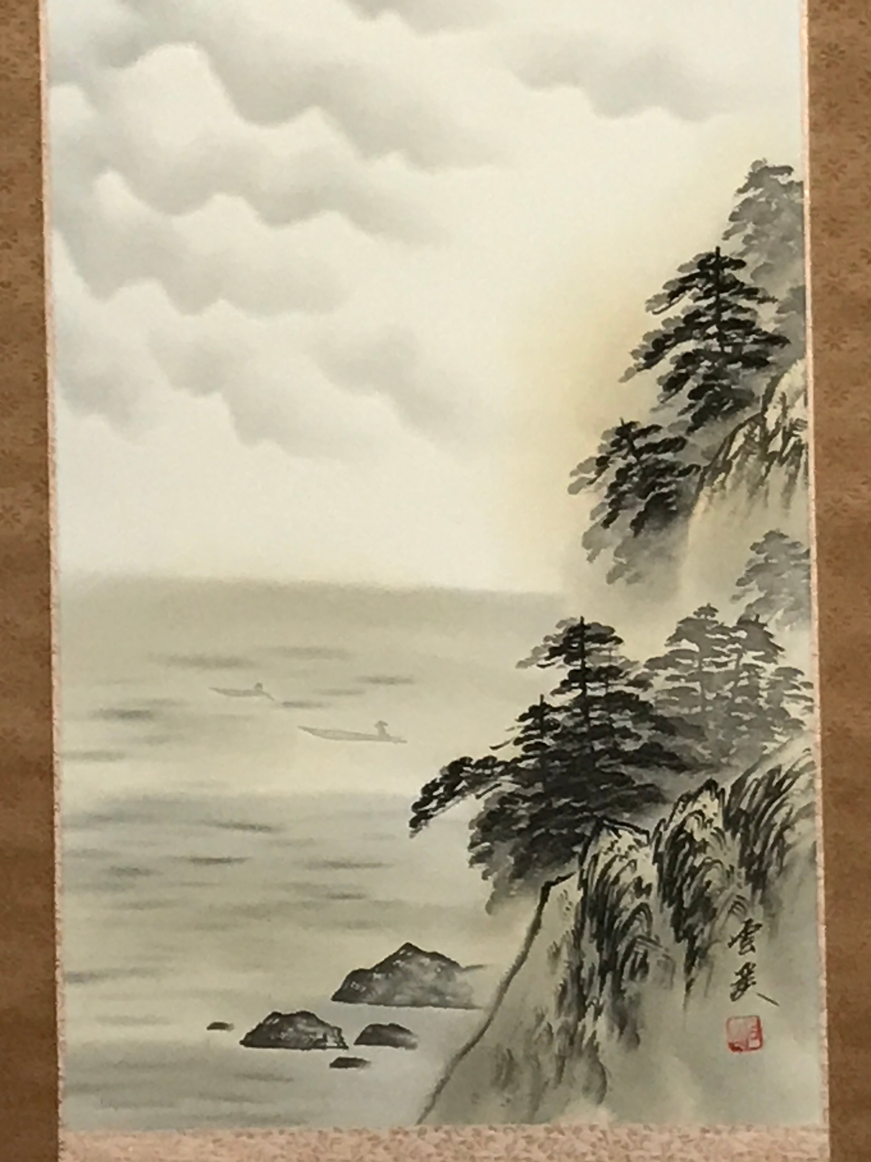 Japanese Boxed Hanging Scroll Vtg Mt Fuji Clouds Lake Color Kakejiku SC979