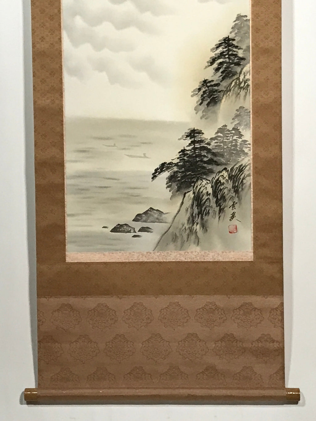 Japanese Boxed Hanging Scroll Vtg Mt Fuji Clouds Lake Color Kakejiku SC979