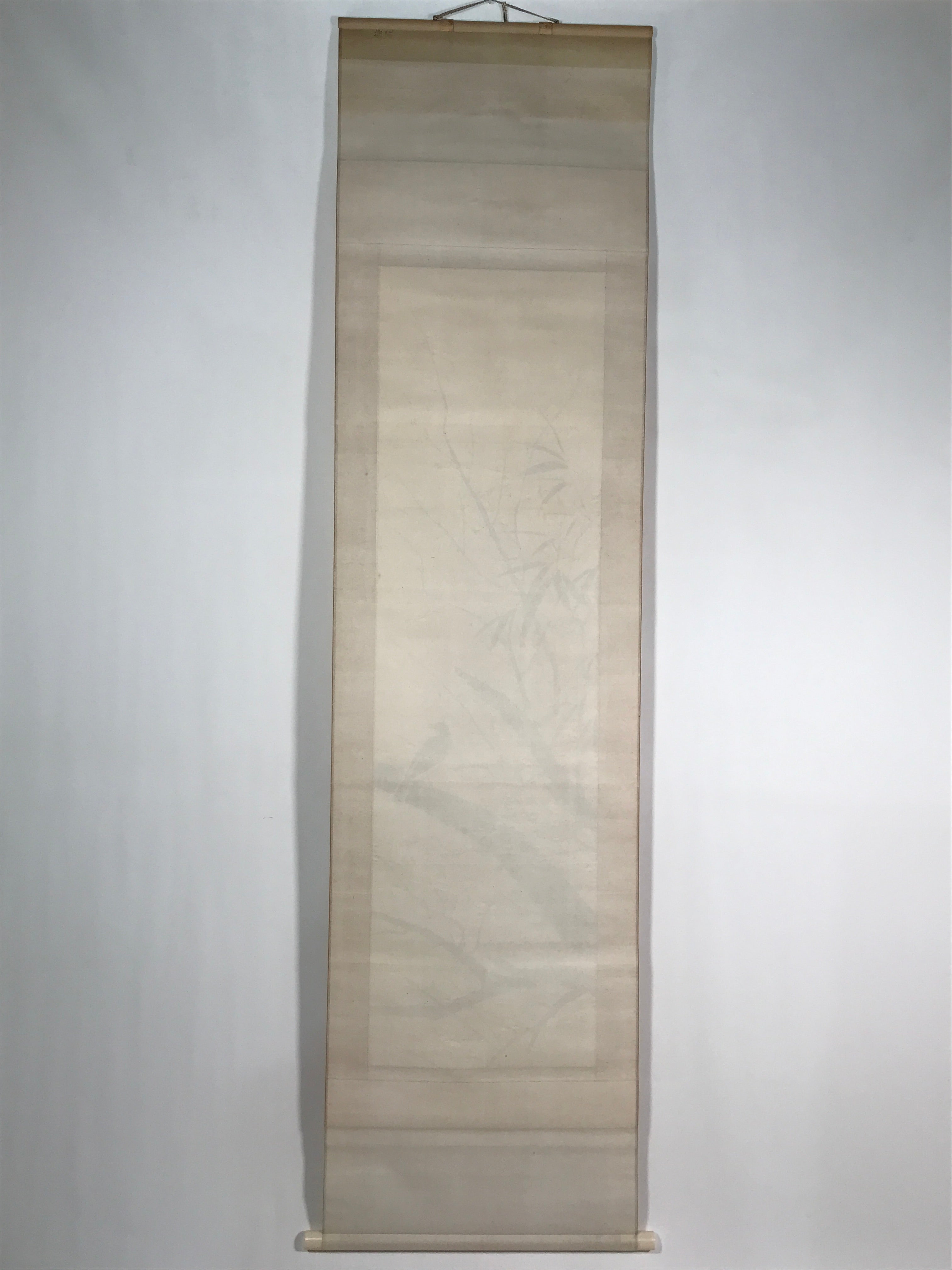 Japanese Boxed Hanging Scroll Vtg Plum Tree Ume Bamboo Bird Kakejiku KJ40