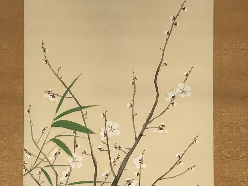 Japanese Boxed Hanging Scroll Vtg Plum Tree Ume Bamboo Bird Kakejiku KJ40