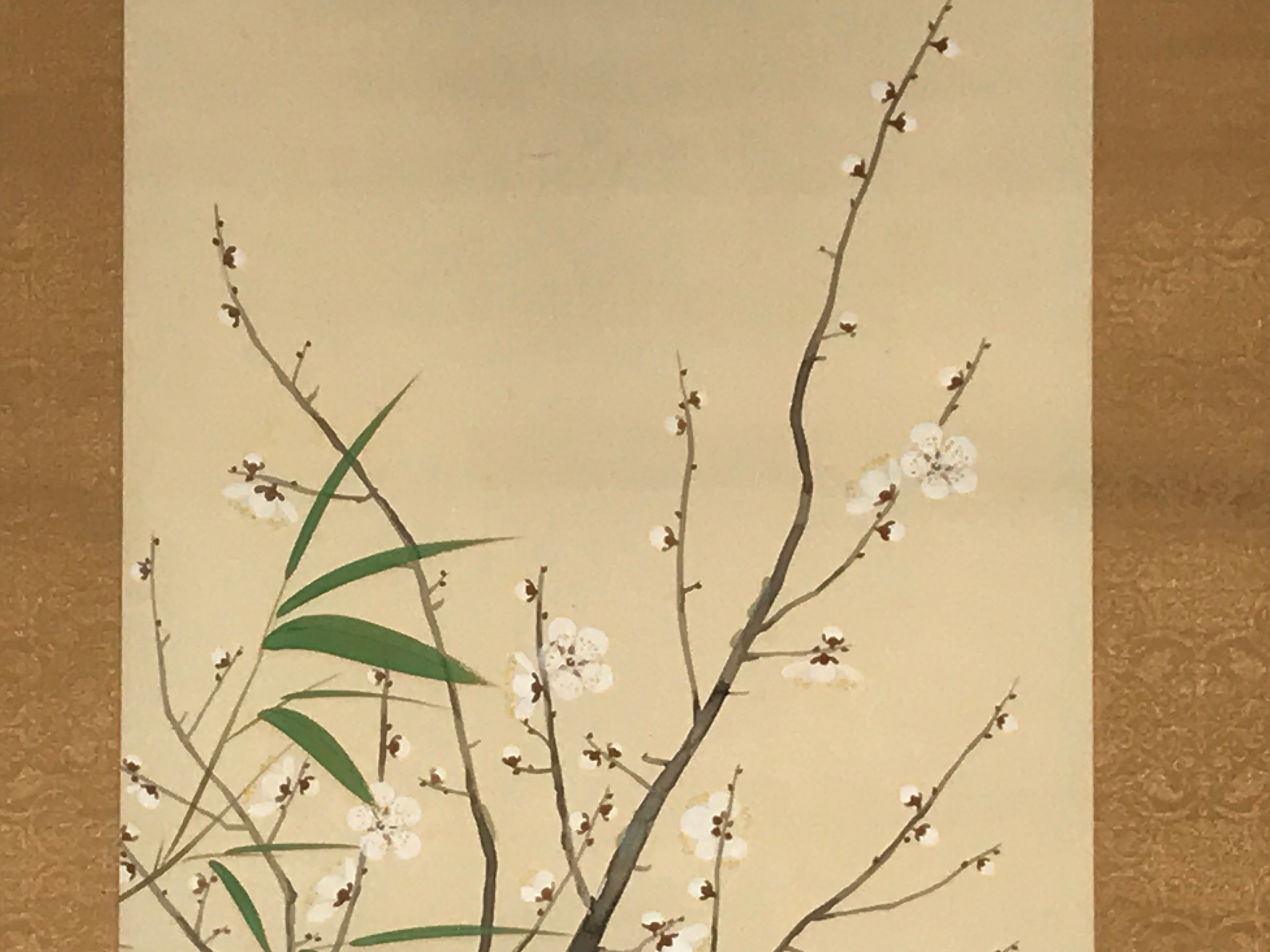 Japanese Boxed Hanging Scroll Vtg Plum Tree Ume Bamboo Bird Kakejiku KJ40
