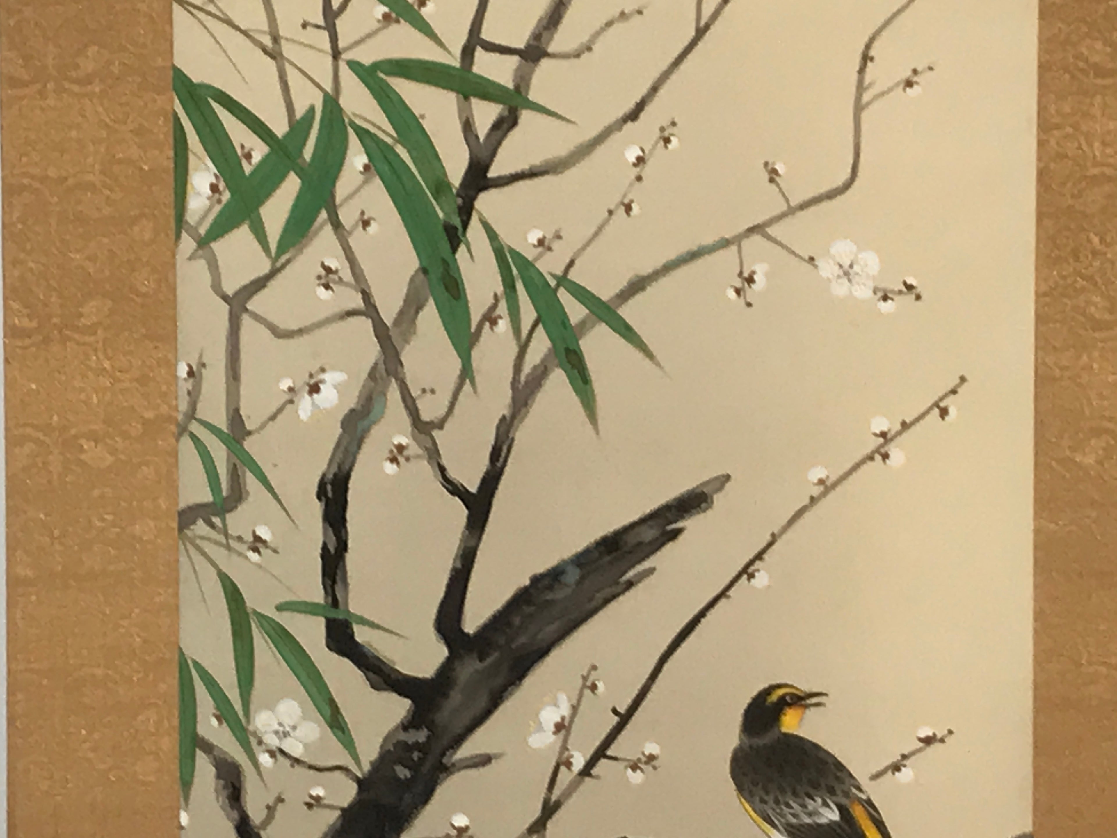 Japanese Boxed Hanging Scroll Vtg Plum Tree Ume Bamboo Bird Kakejiku KJ40