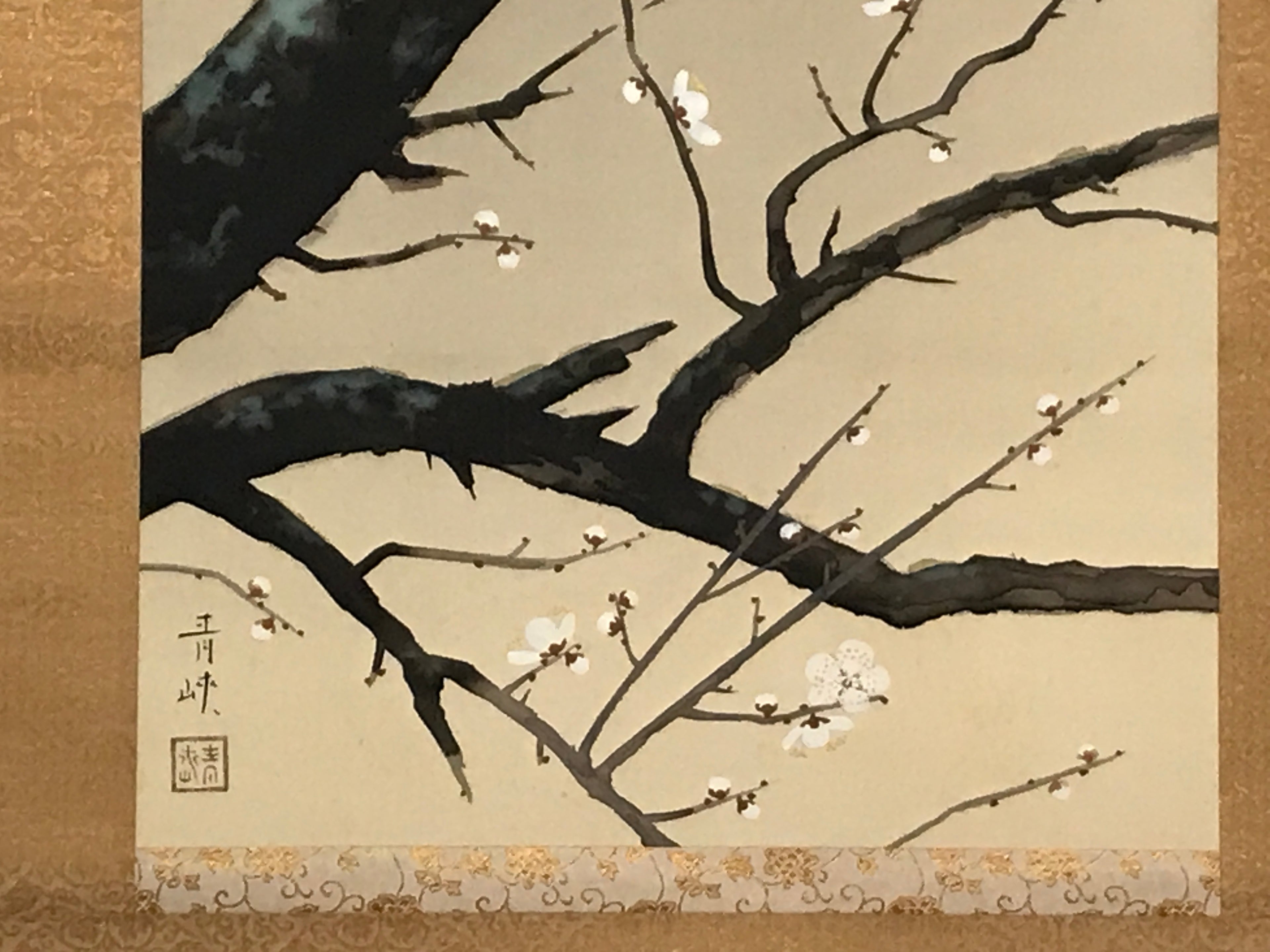 Japanese Boxed Hanging Scroll Vtg Plum Tree Ume Bamboo Bird Kakejiku KJ40