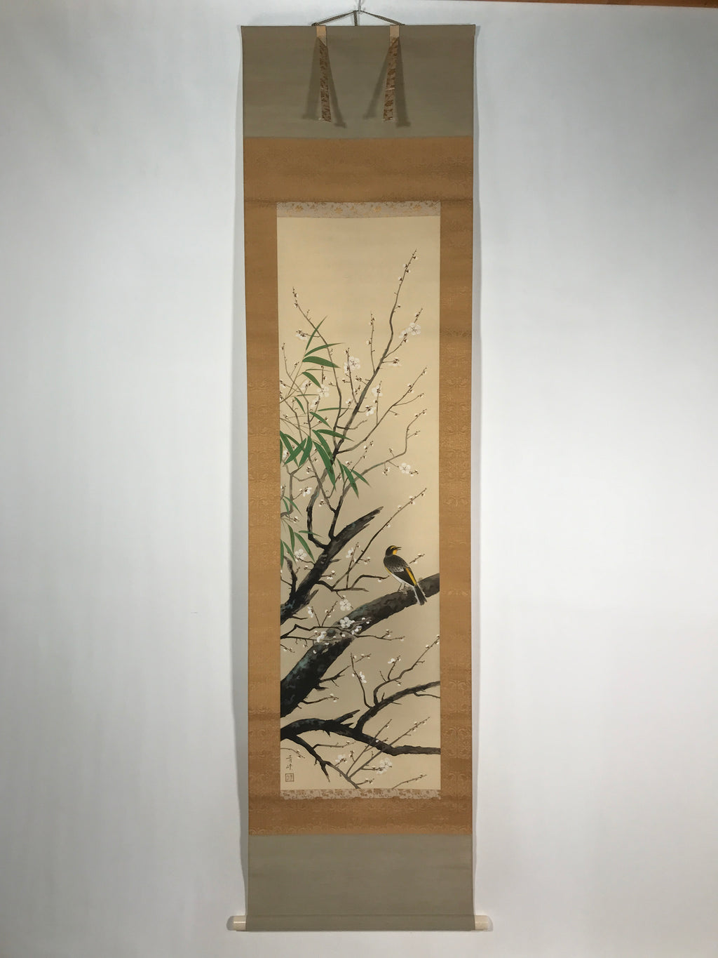 Japanese Boxed Hanging Scroll Vtg Plum Tree Ume Bamboo Bird Kakejiku KJ40