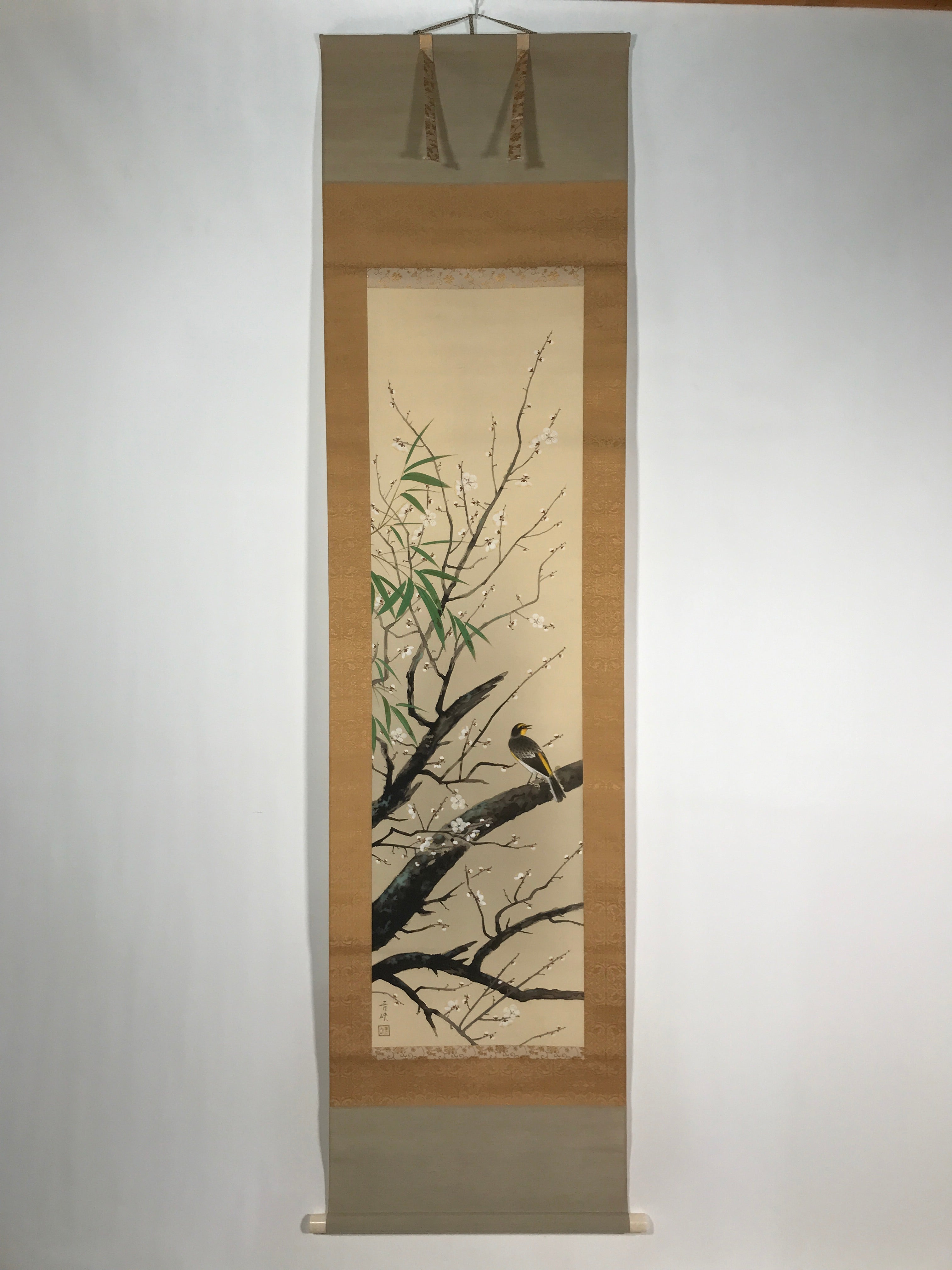 Japanese Boxed Hanging Scroll Vtg Plum Tree Ume Bamboo Bird Kakejiku KJ40