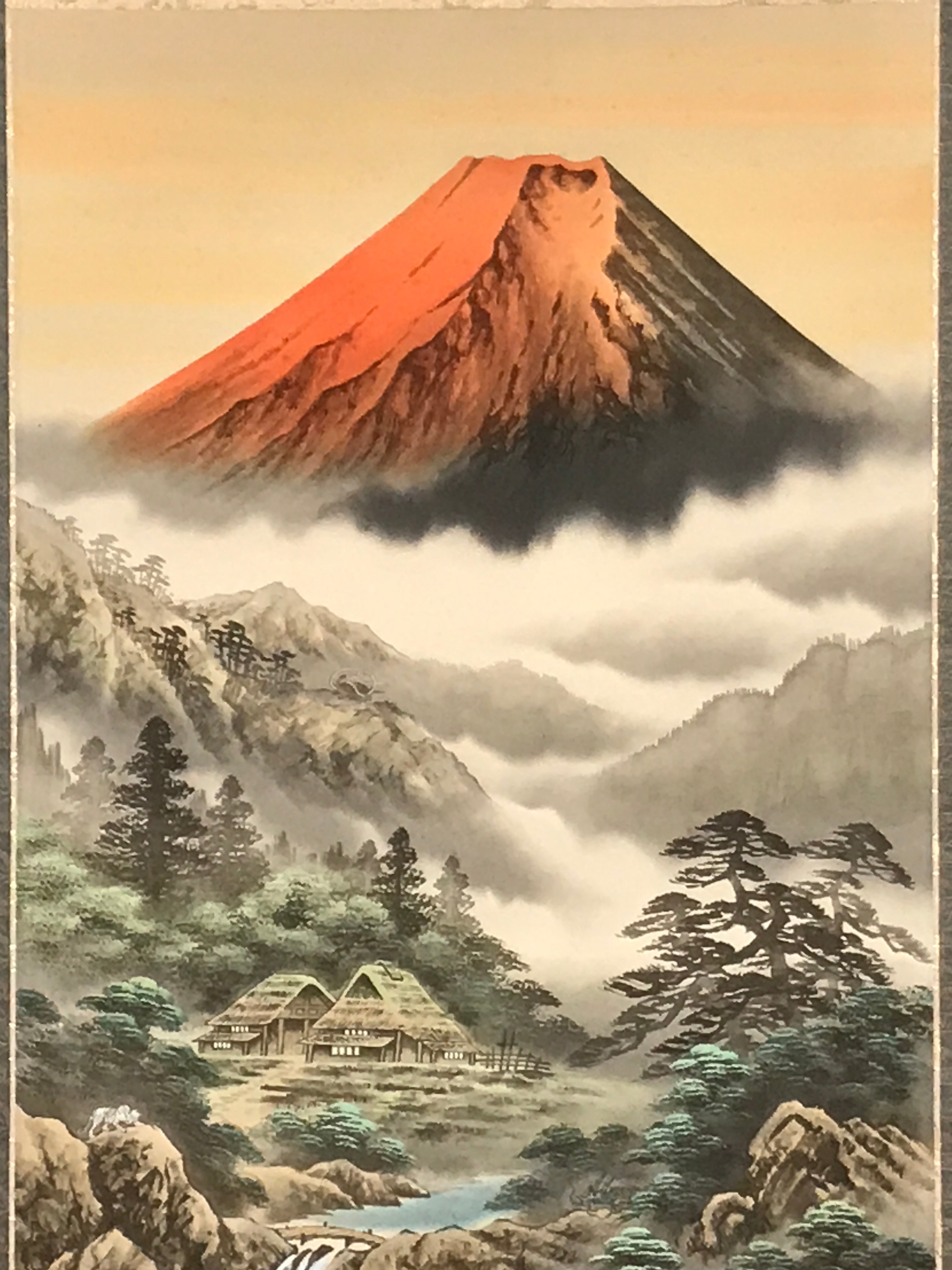 Japanese Boxed Hanging Scroll Vtg Red Fuji Mountains River Sansui SC951