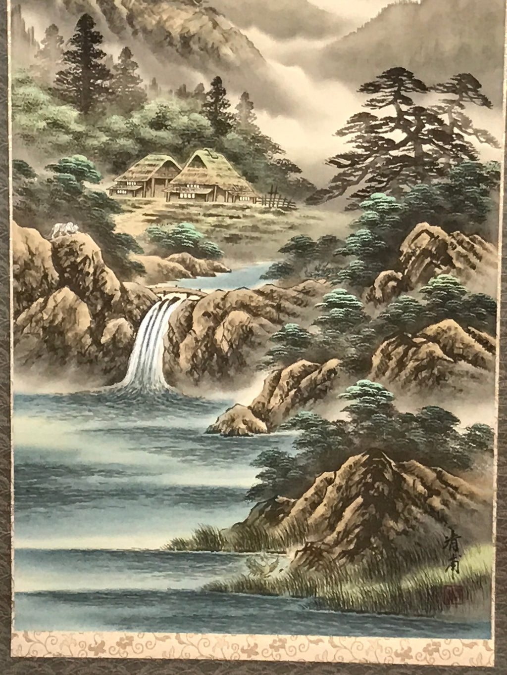Japanese Boxed Hanging Scroll Vtg Red Fuji Mountains River Sansui SC951