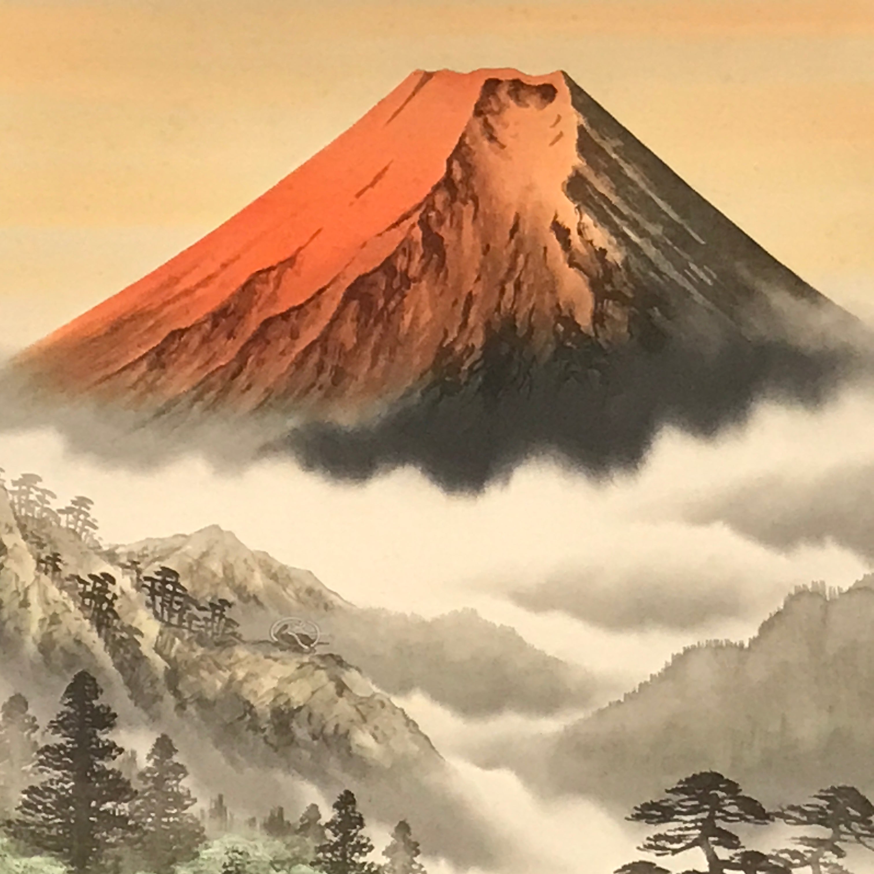 Japanese Boxed Hanging Scroll Vtg Red Fuji Mountains River Sansui