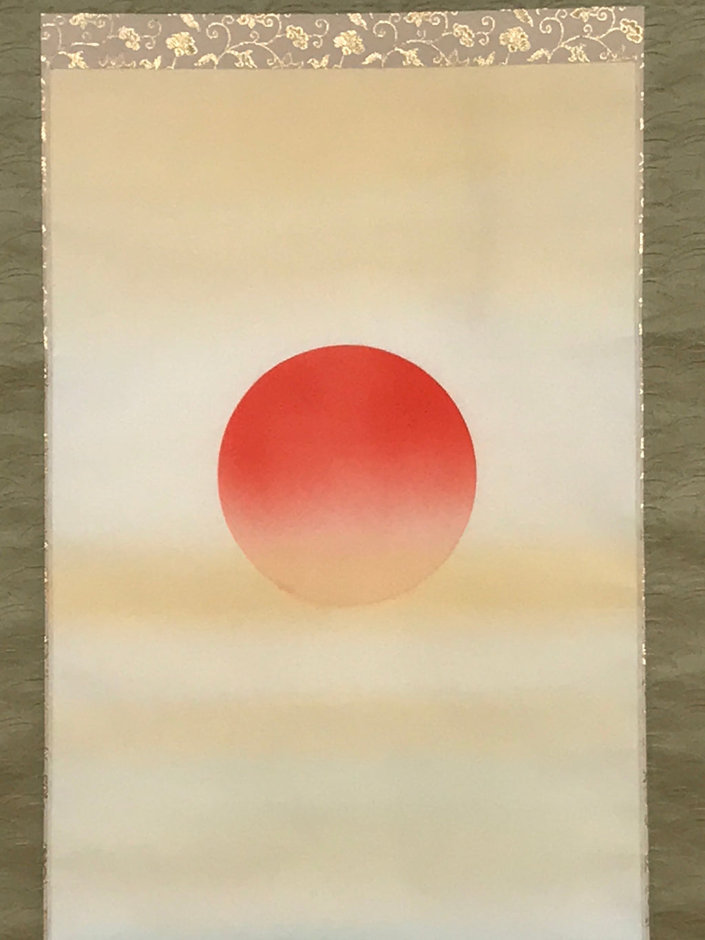 Japanese Boxed Hanging Scroll Vtg Red Rising Sun Calm Waves Kakejiku SC975