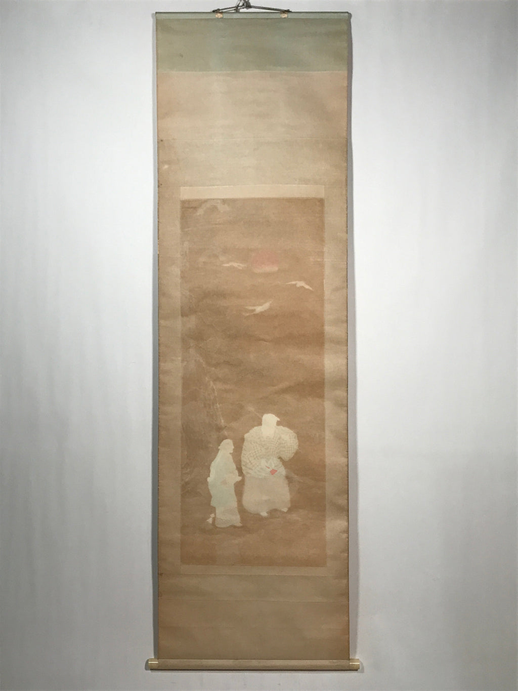 Japanese Boxed Hanging Scroll Vtg Rising Sun Pine Tree Crane Kakejiku SC972