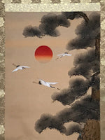 Japanese Boxed Hanging Scroll Vtg Rising Sun Pine Tree Crane Kakejiku SC972