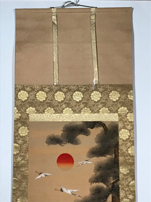 Japanese Boxed Hanging Scroll Vtg Rising Sun Pine Tree Crane Kakejiku SC972