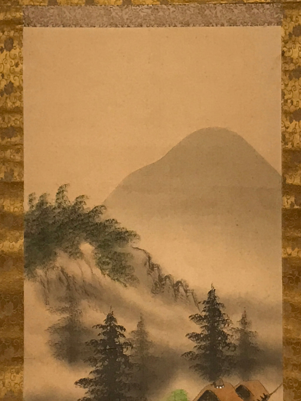 Japanese Boxed Hanging Scroll Vtg River Bridge Houses Mountains Sansui SC954