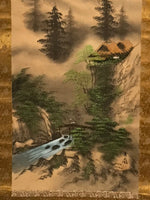 Japanese Boxed Hanging Scroll Vtg River Bridge Houses Mountains Sansui SC954