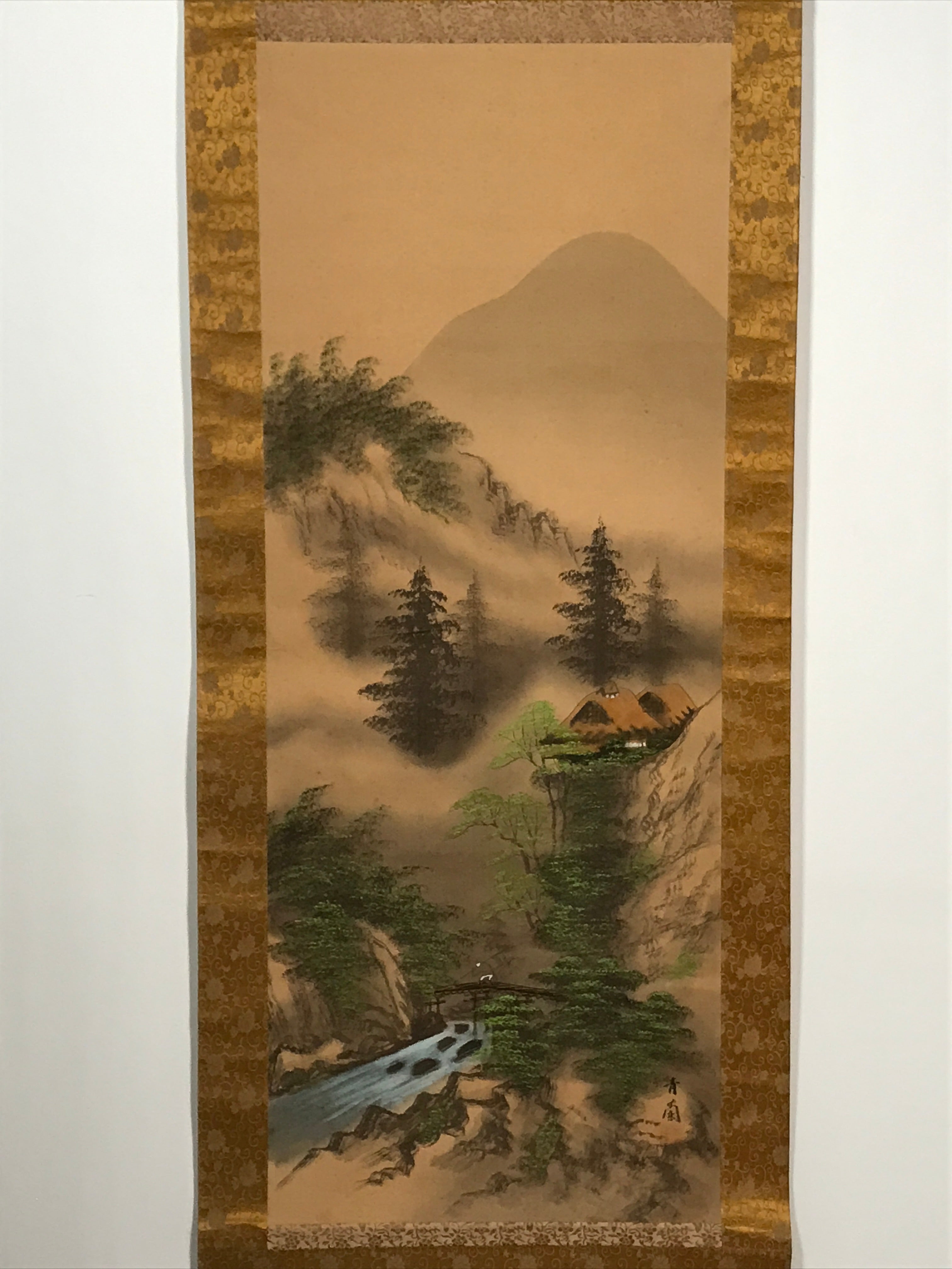 Japanese Boxed Hanging Scroll Vtg River Bridge Houses Mountains Sansui SC954