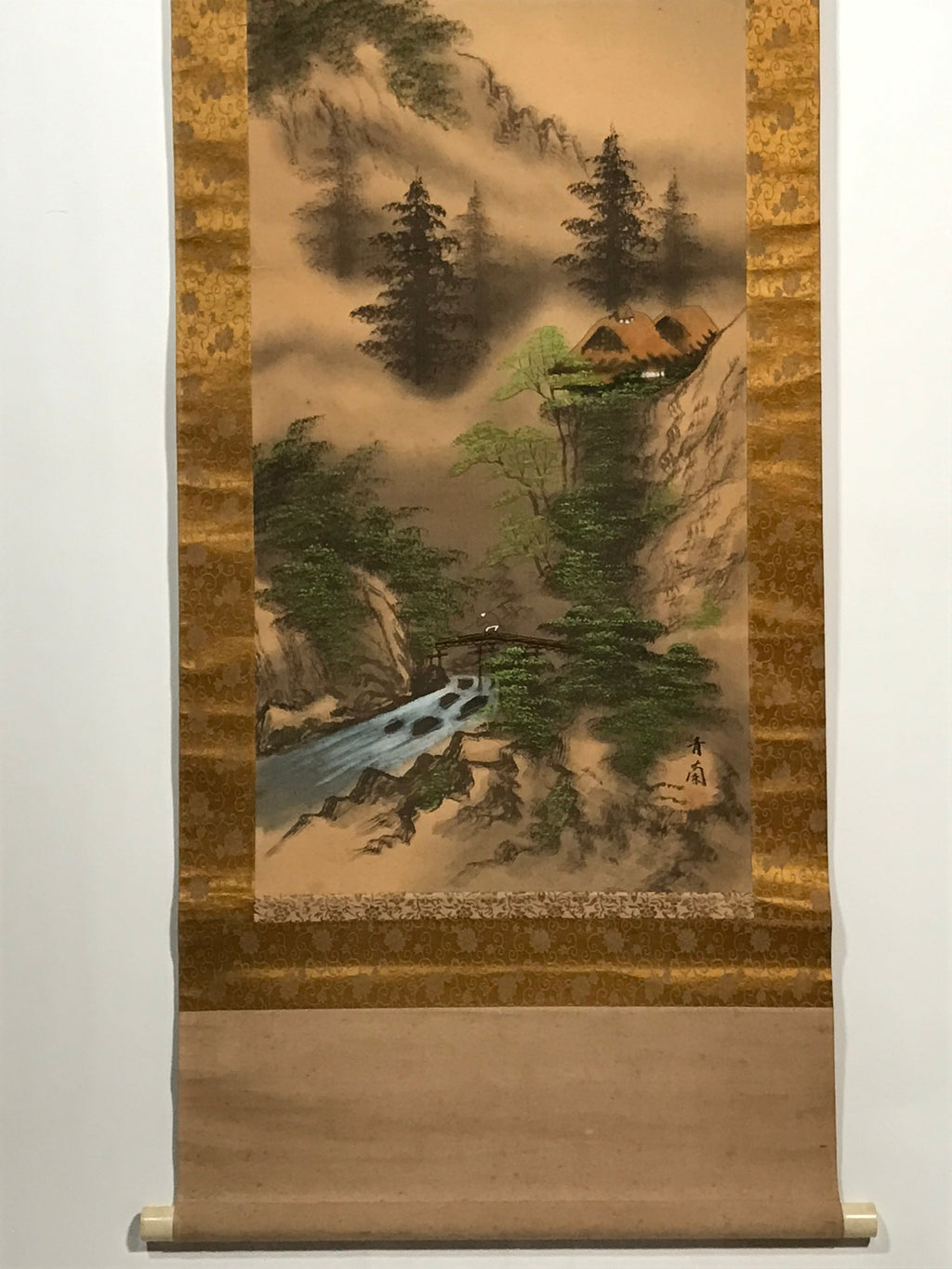 Japanese Boxed Hanging Scroll Vtg River Bridge Houses Mountains Sansui SC954