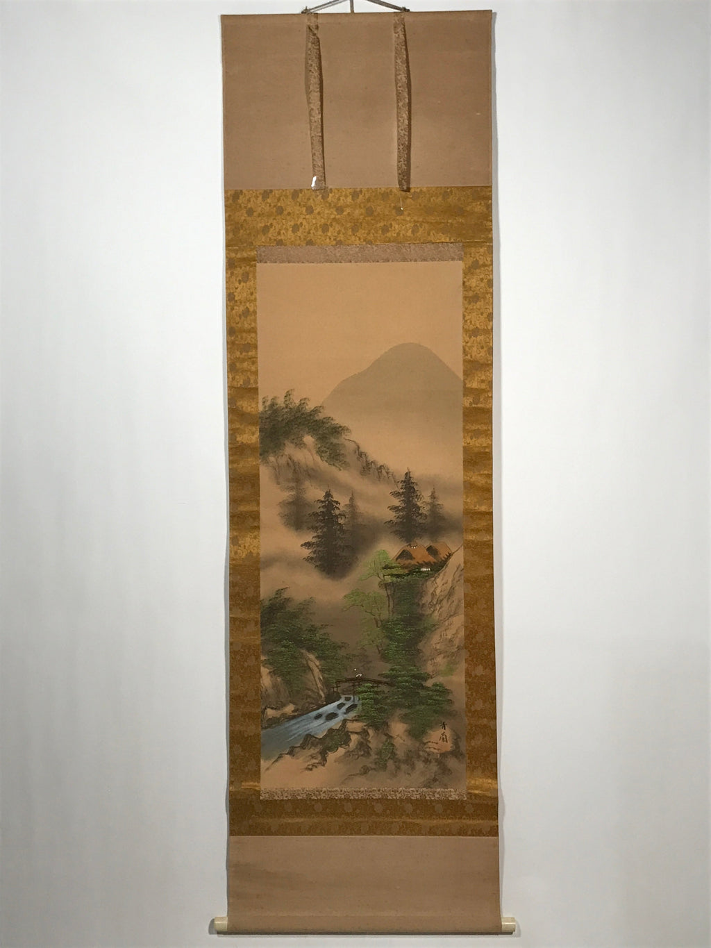 Japanese Boxed Hanging Scroll Vtg River Bridge Houses Mountains Sansui SC954