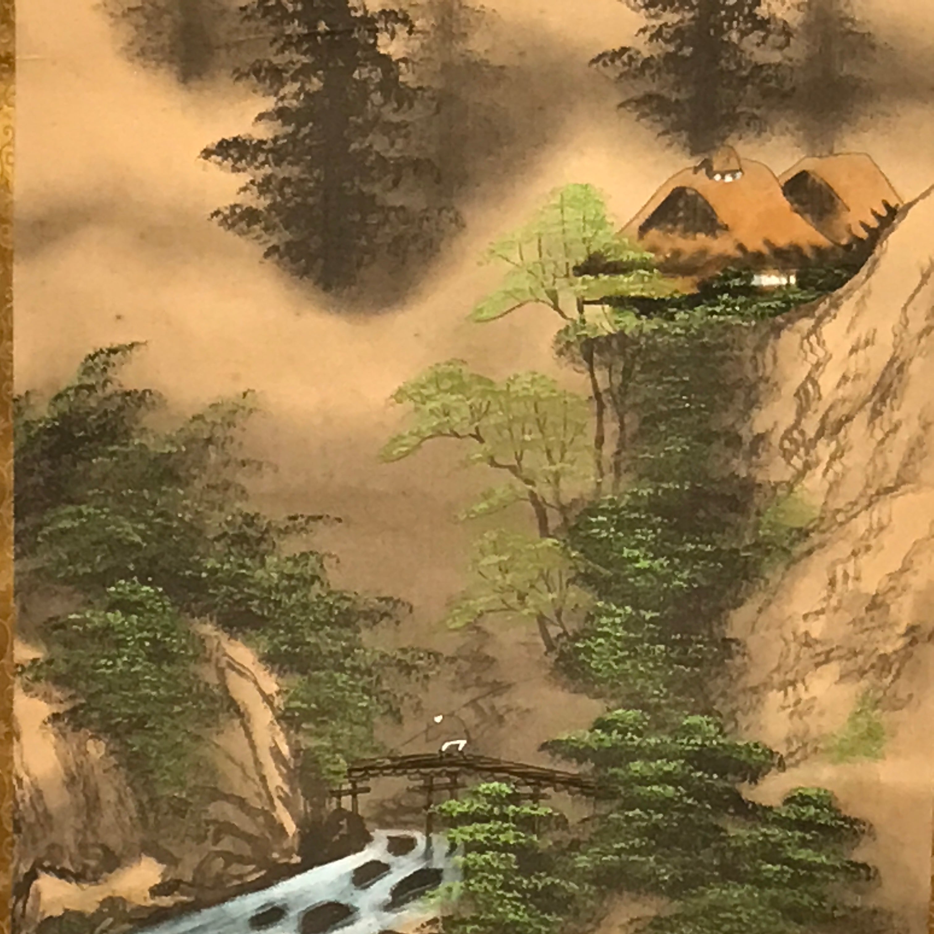 Japanese Boxed Hanging Scroll Vtg River Bridge Houses Mountains Sansui SC954