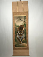 Japanese Boxed Hanging Scroll Vtg Roaring Tiger Color Kakejiku Chagake SC968
