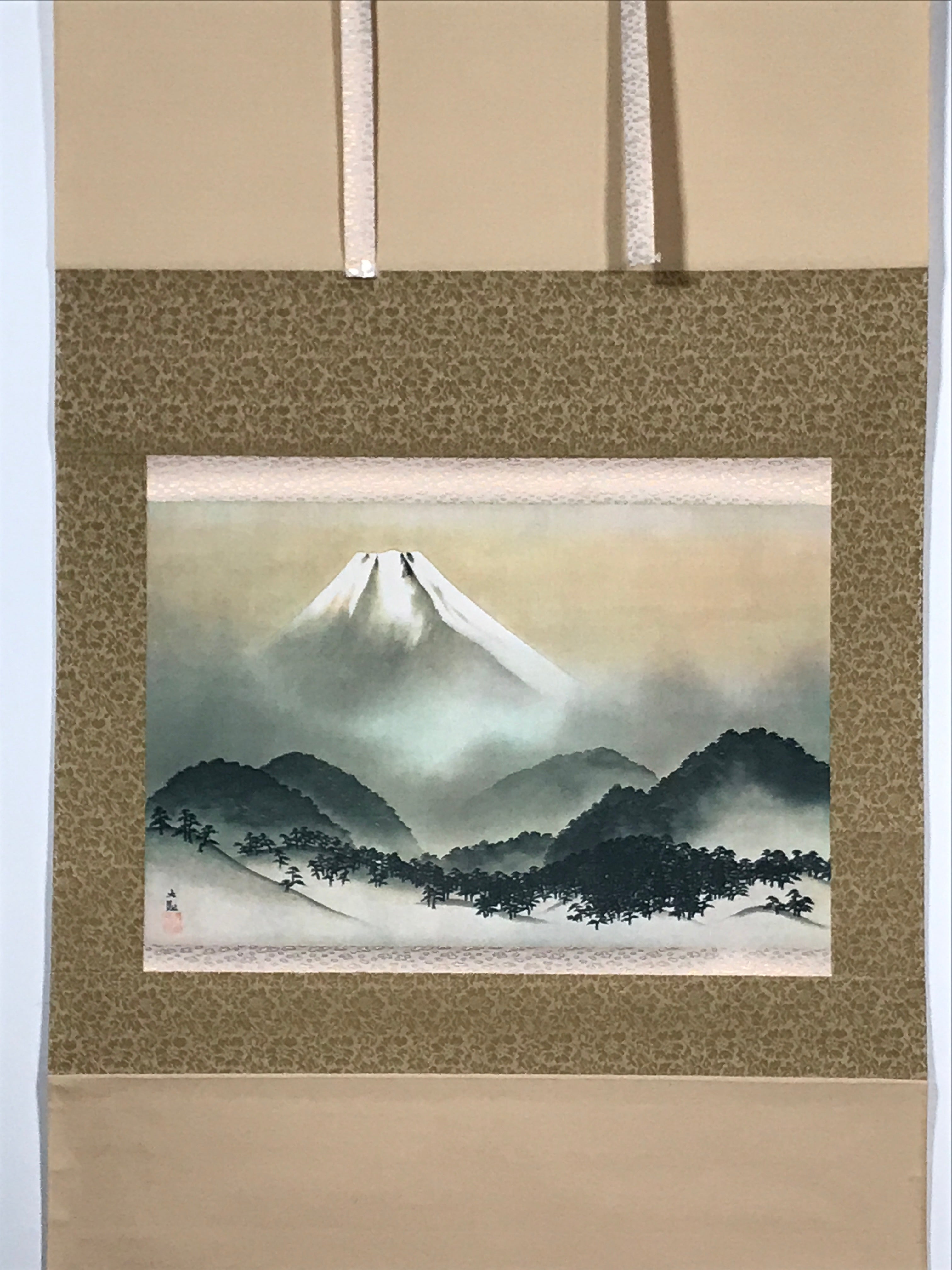 Japanese Boxed Hanging Scroll Vtg Sacred Mt Fuji Kakejiku Chagake SC974
