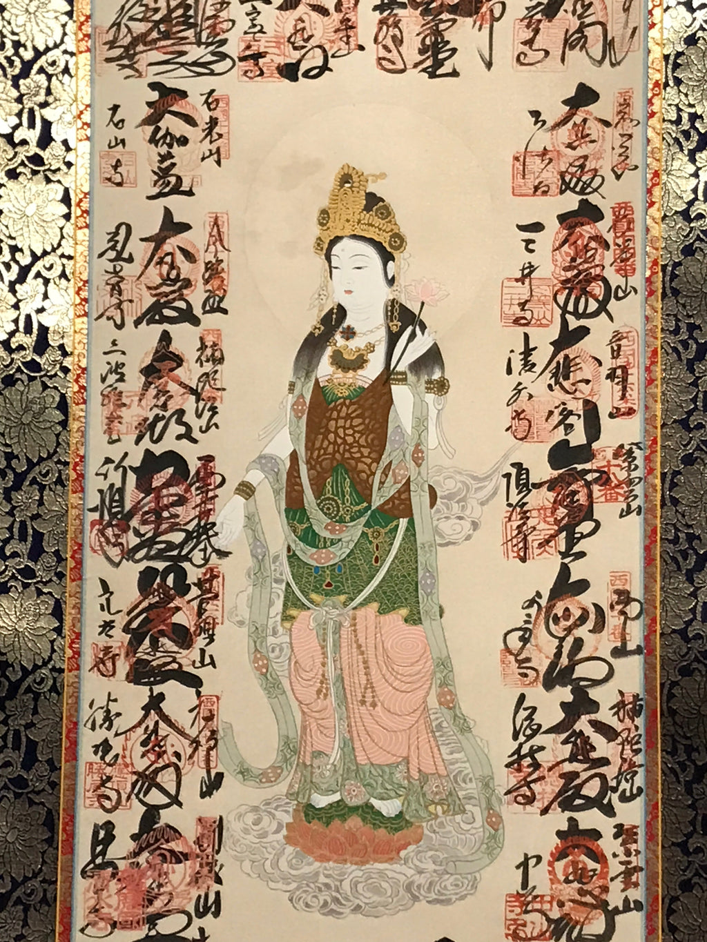 Japanese Boxed Hanging Scroll Vtg Saikoku 33 Sacred Places Goshuin Kannon SC986