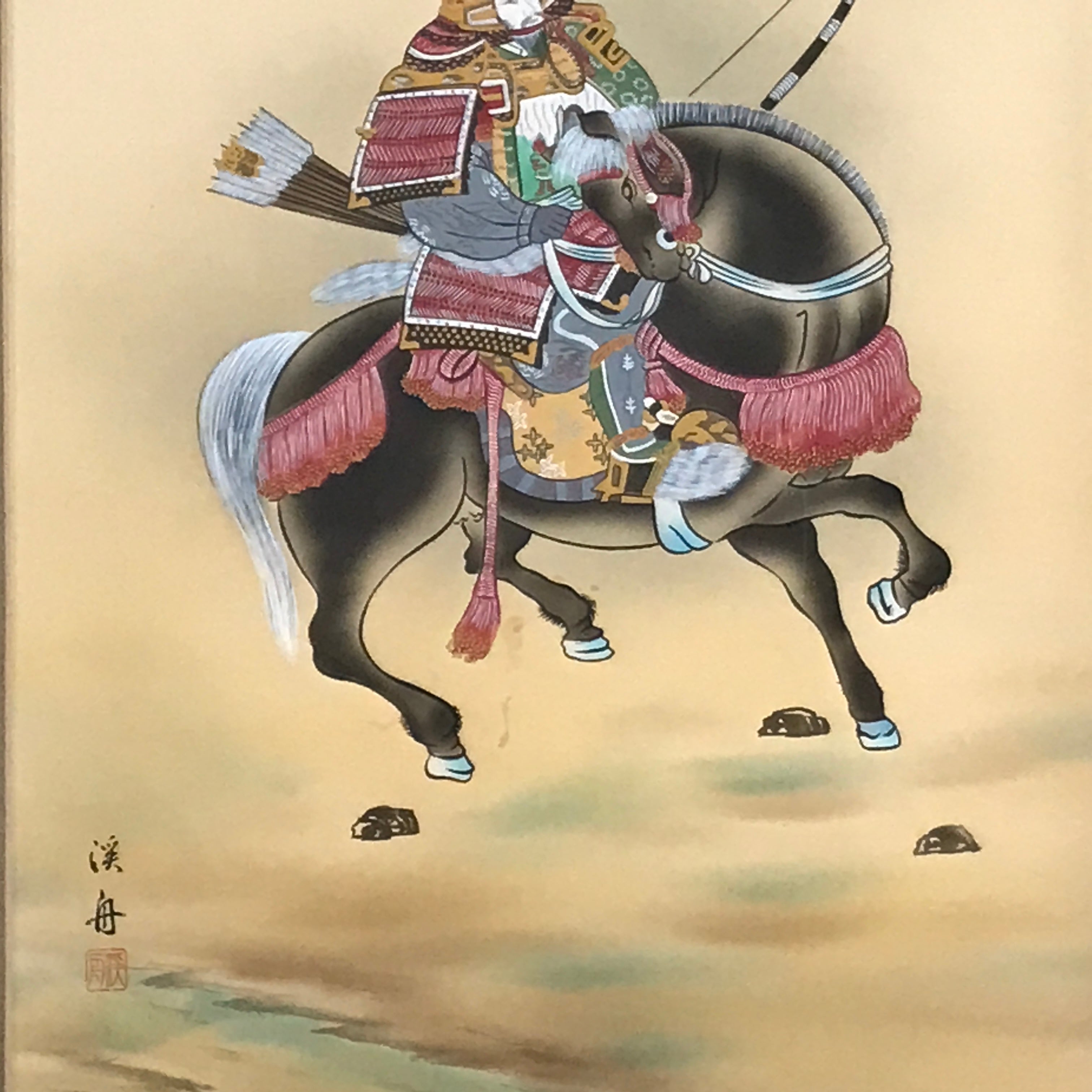 Japanese Boxed Hanging Scroll Vtg Samurai Horse Mount Fuji Color Kakejiku KJ38