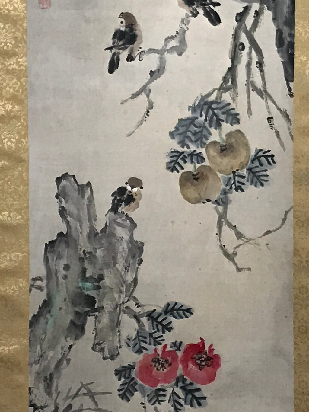 Japanese Boxed Hanging Scroll Vtg Small Birds Flowers Kacho Kakejiku SC985