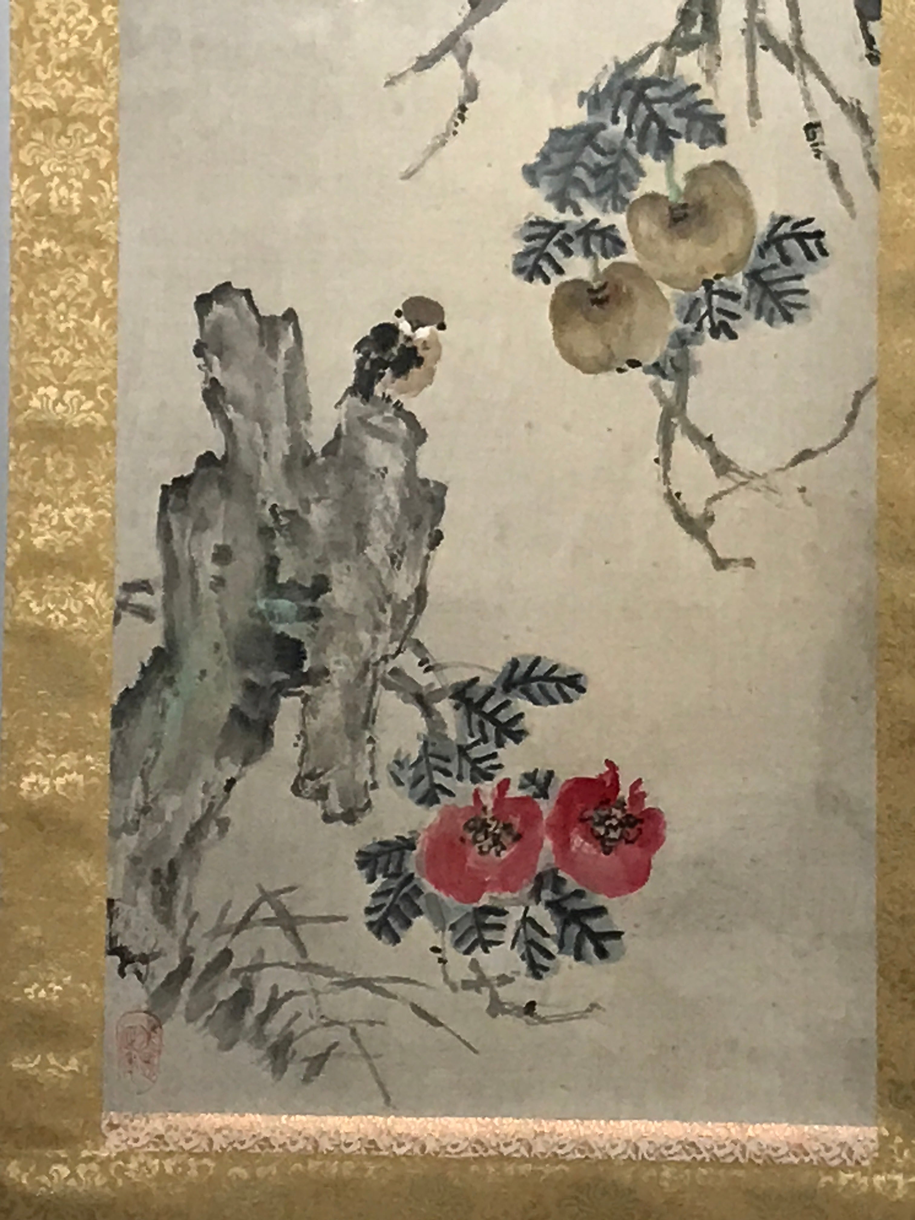 Japanese Boxed Hanging Scroll Vtg Small Birds Flowers Kacho Kakejiku SC985