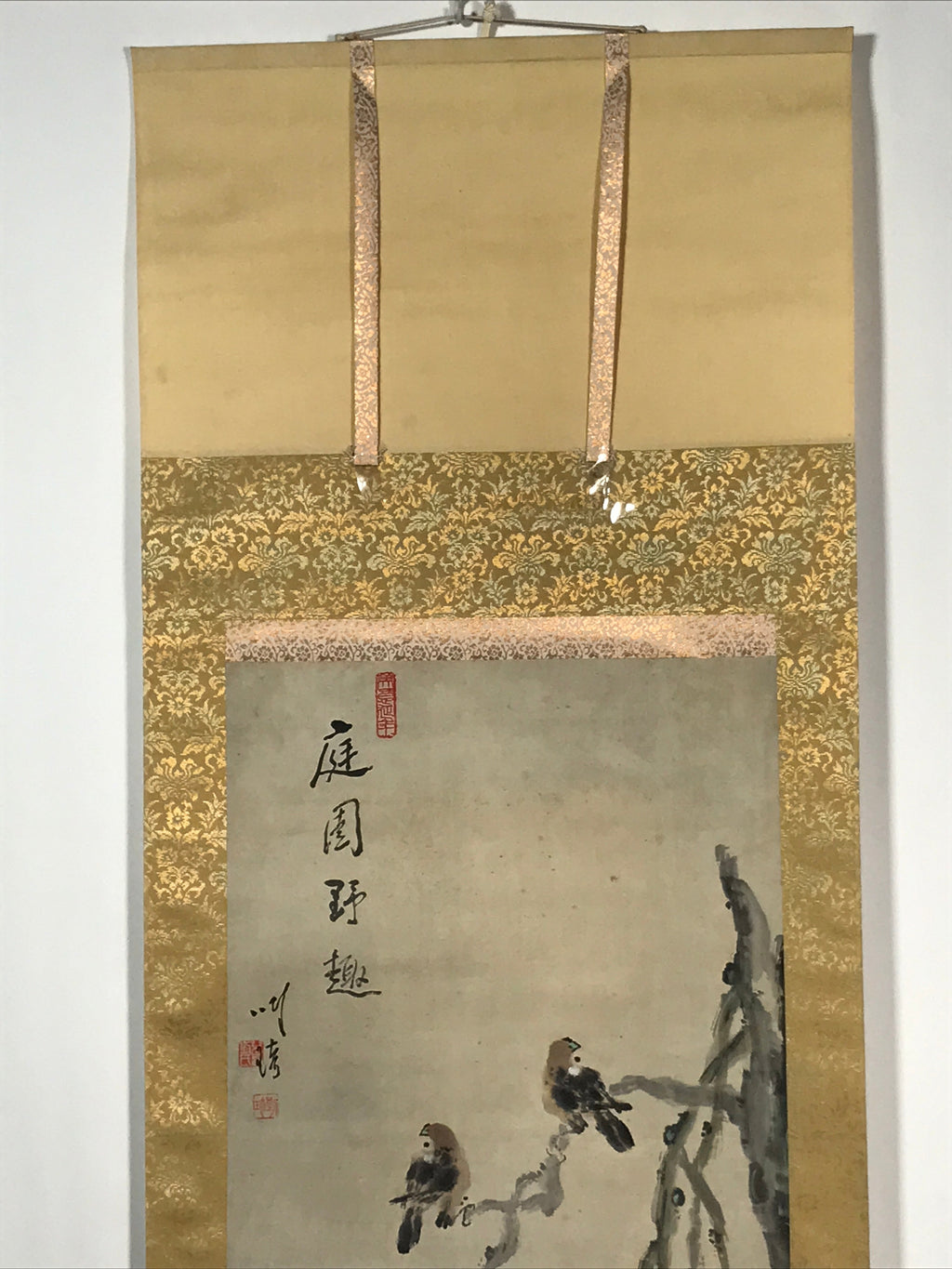 Japanese Boxed Hanging Scroll Vtg Small Birds Flowers Kacho Kakejiku SC985