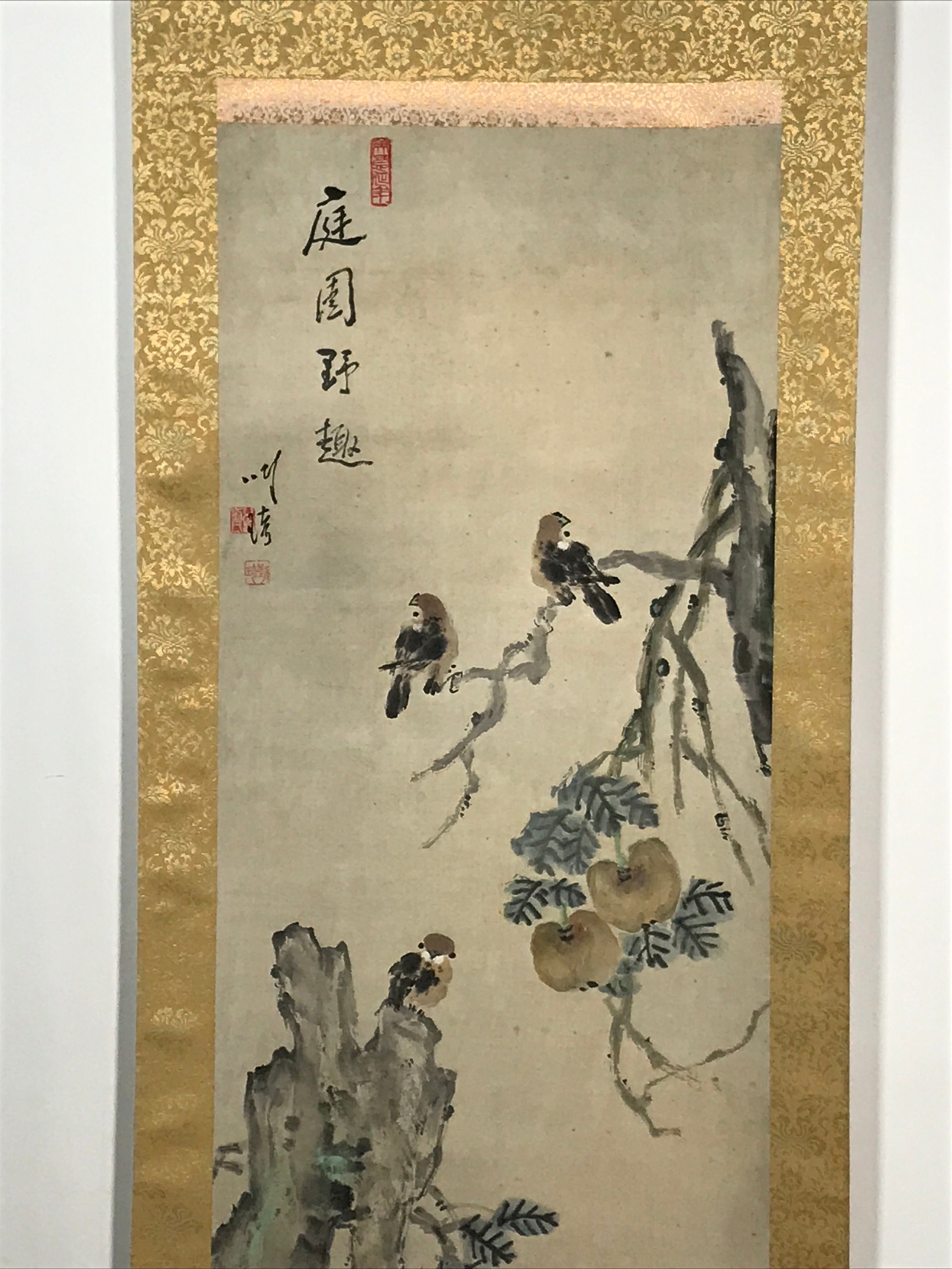 Japanese Boxed Hanging Scroll Vtg Small Birds Flowers Kacho Kakejiku SC985