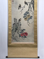 Japanese Boxed Hanging Scroll Vtg Small Birds Flowers Kacho Kakejiku SC985