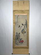 Japanese Boxed Hanging Scroll Vtg Small Birds Flowers Kacho Kakejiku SC985