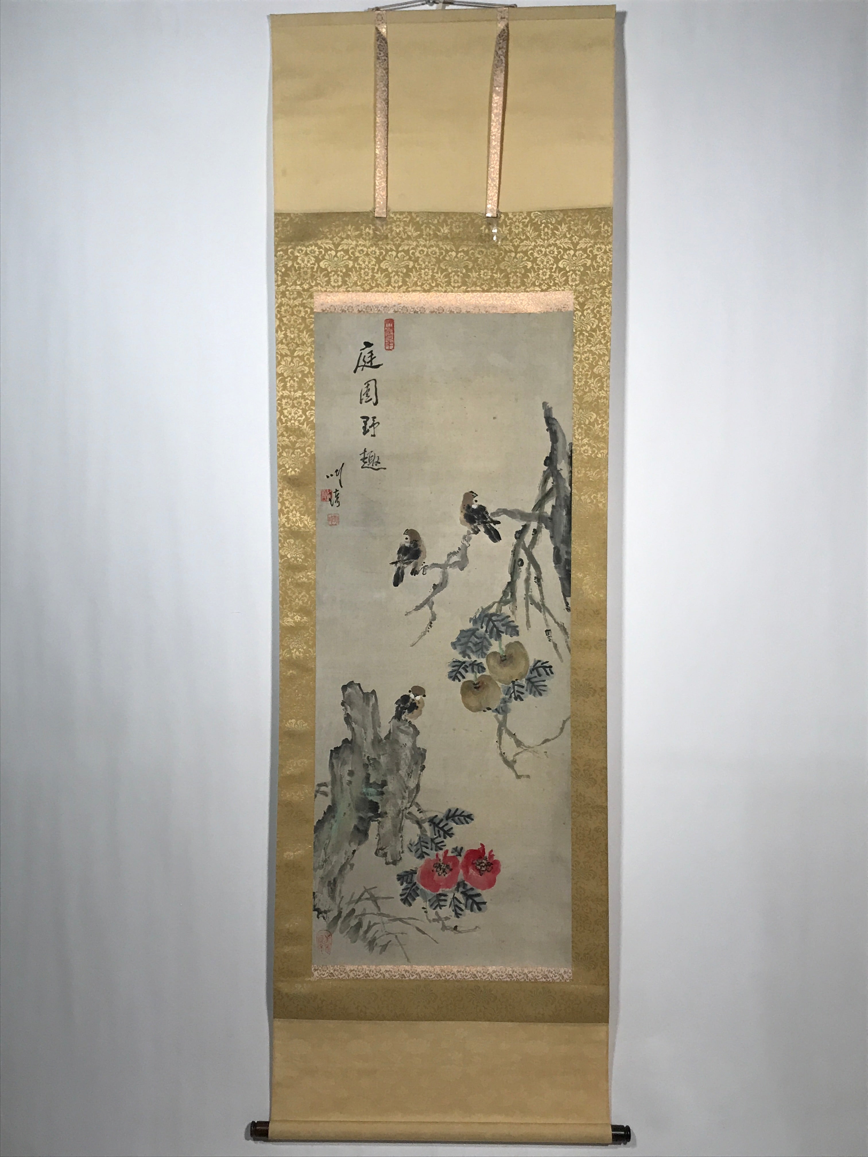 Japanese Boxed Hanging Scroll Vtg Small Birds Flowers Kacho Kakejiku SC985