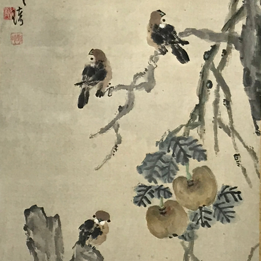 Japanese Boxed Hanging Scroll Vtg Small Birds Flowers Kacho Kakejiku SC985