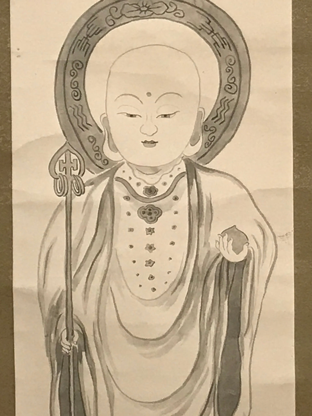 Japanese Boxed Hanging Scroll Vtg Standing Jizo Buddhist Kakejiku Chagake SC959