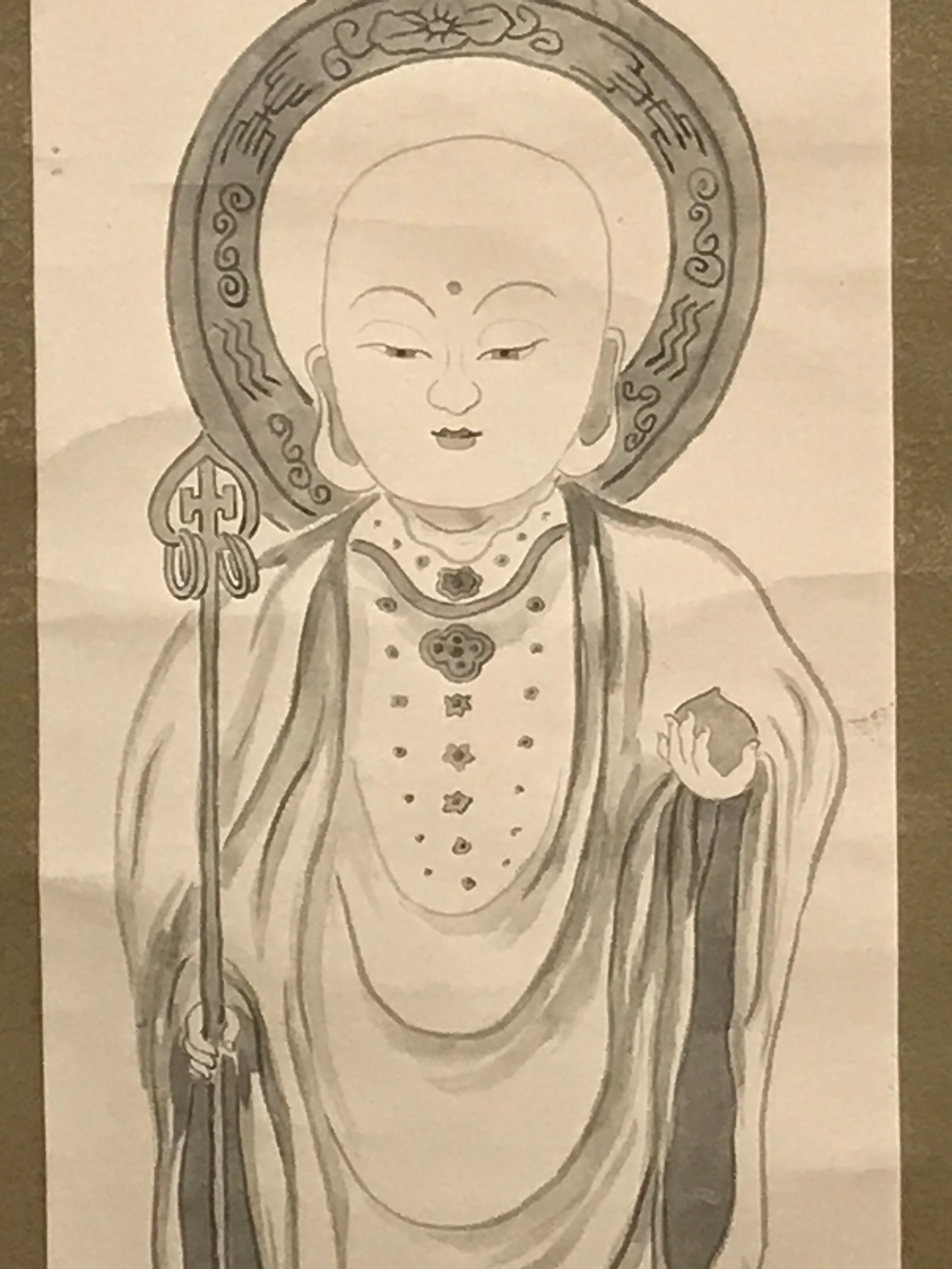 Japanese Boxed Hanging Scroll Vtg Standing Jizo Buddhist Kakejiku Chagake SC959