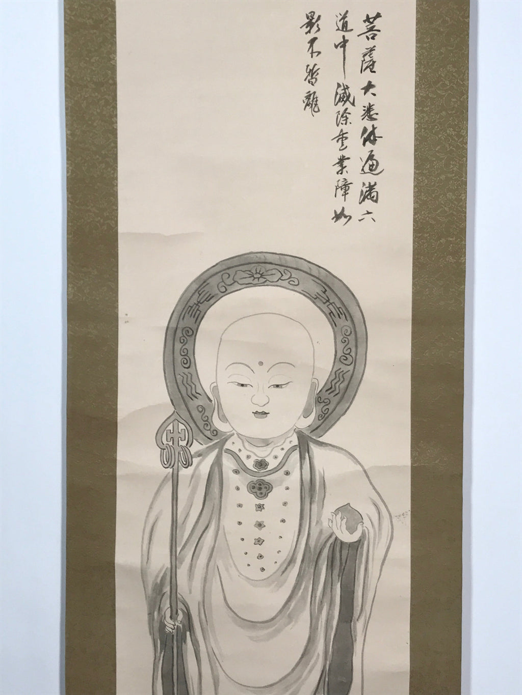 Japanese Boxed Hanging Scroll Vtg Standing Jizo Buddhist Kakejiku Chagake SC959